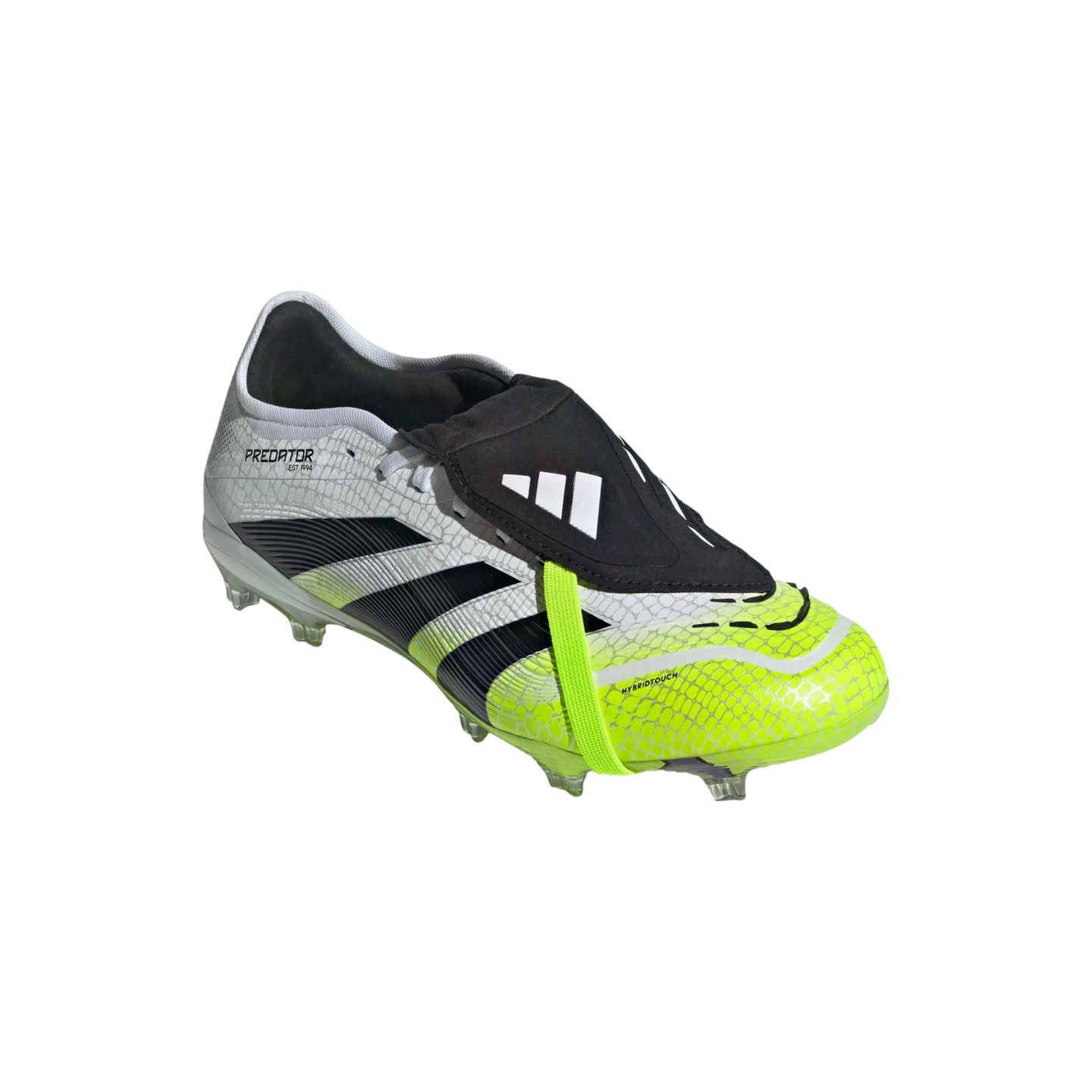 An Adidas Predator soccer cleat in white, black, and neon yellow with a fold-over tongue and textured upper, shown against a black background.
