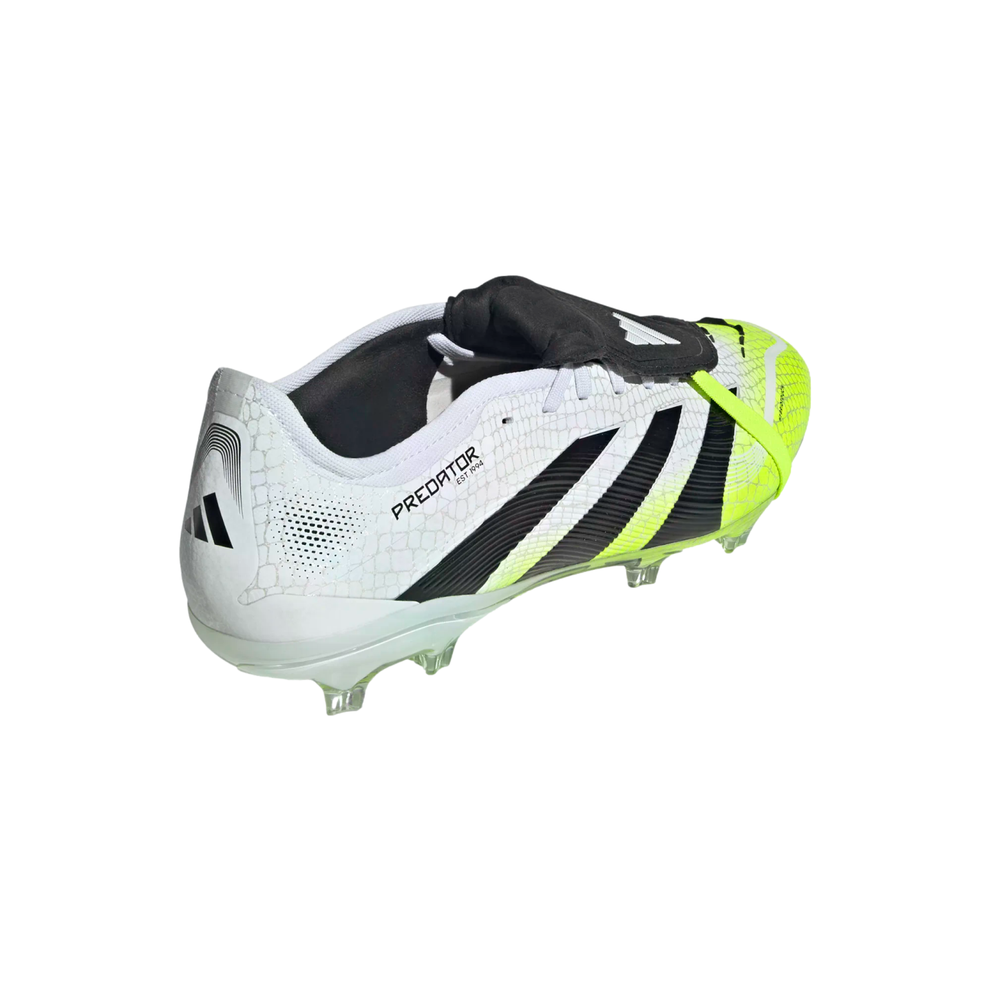 Rear-side view of a white Adidas Predator soccer cleat with black stripes and neon yellow accents, featuring a textured upper and fold-over tongue on a black background.