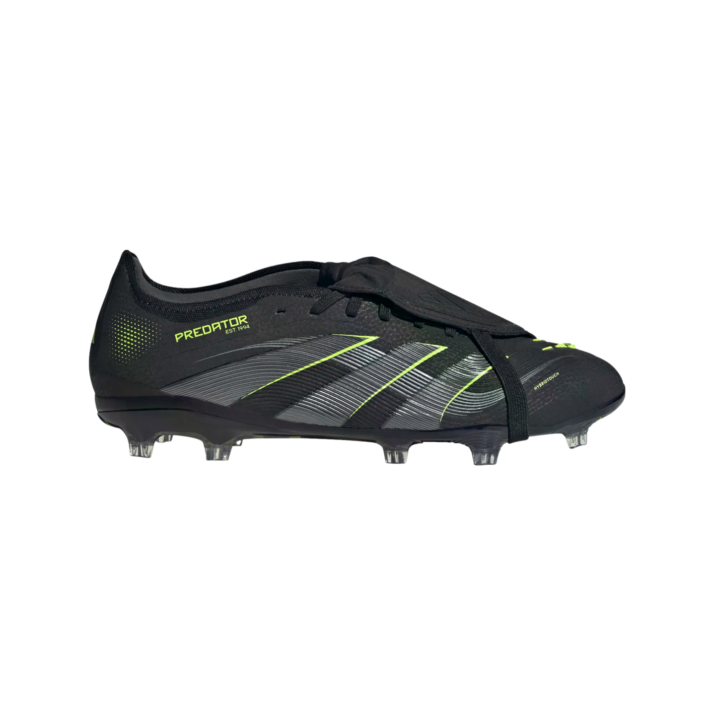 Side profile of a black Adidas Predator soccer cleat with neon yellow accents, a fold-over tongue, and clear studs.