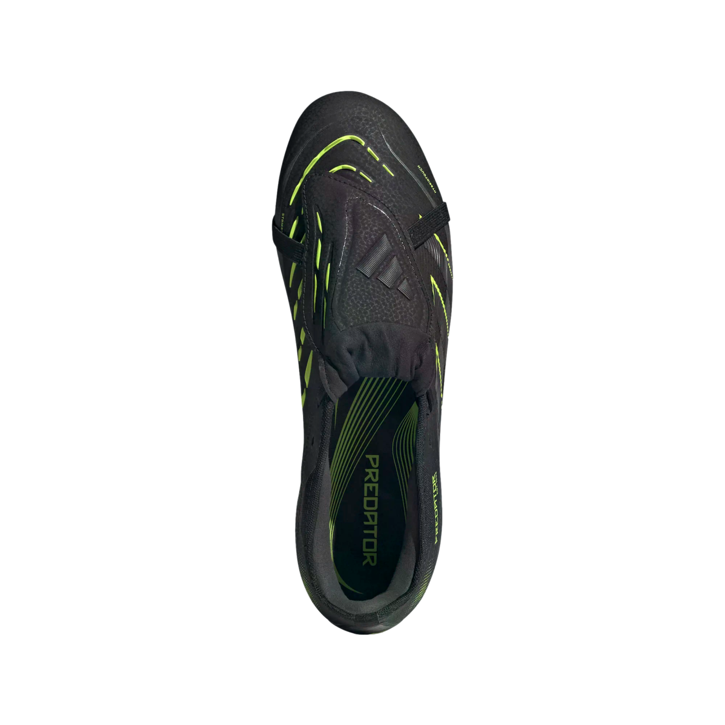 Top-down view of a black Adidas Predator soccer cleat with neon lime green accents and branding on a black background.