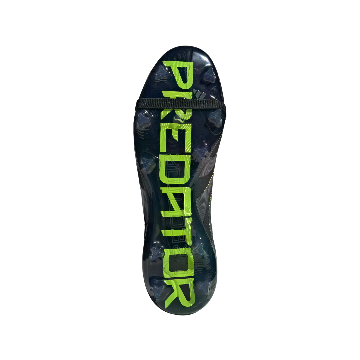 Bottom view of a soccer cleat soleplate featuring the word "PREDATOR" in large neon green letters and clear traction studs on a dark base.