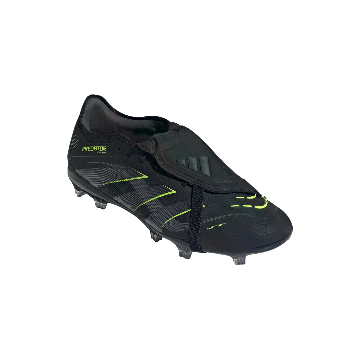 Black Adidas Predator soccer cleat with neon green accents and a fold-over tongue, isolated on a black background.