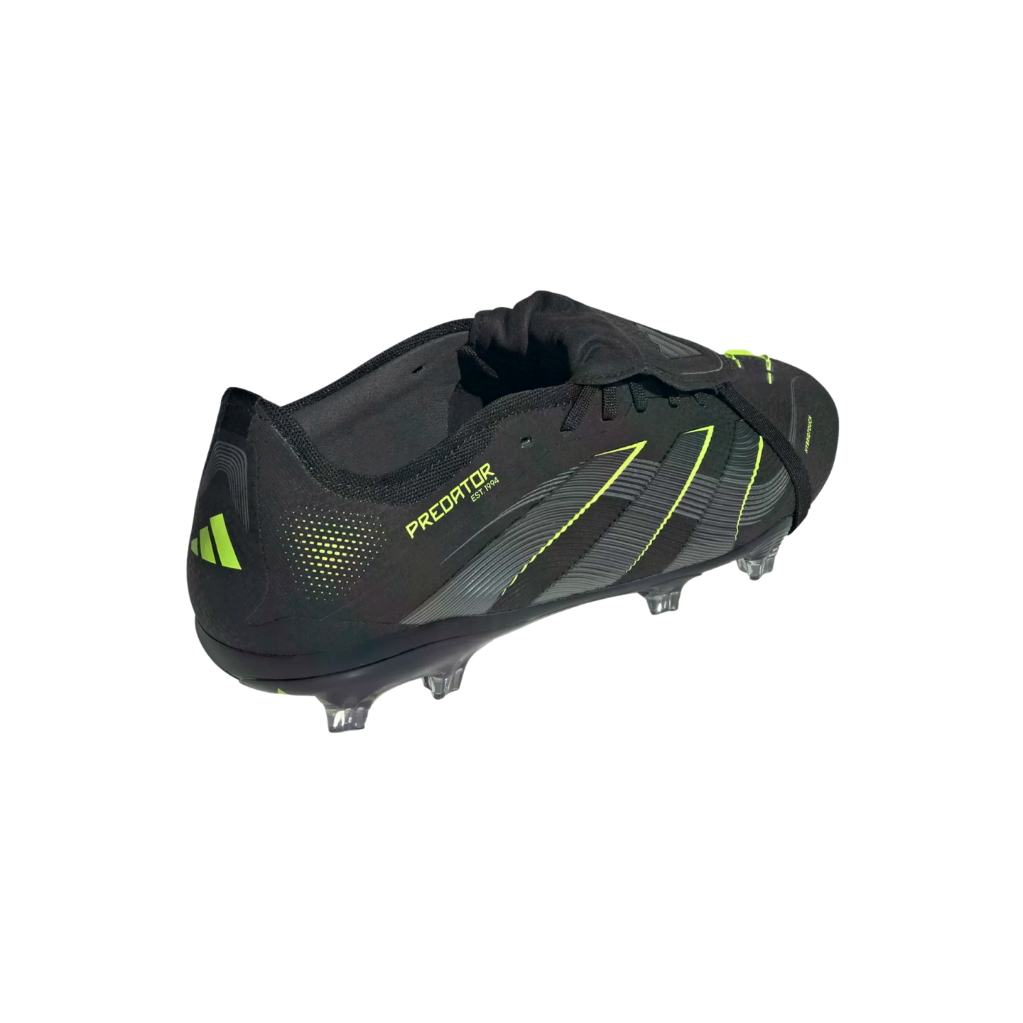 A black Adidas Predator soccer cleat with neon green accents, seen from a rear three-quarter view against a black background.