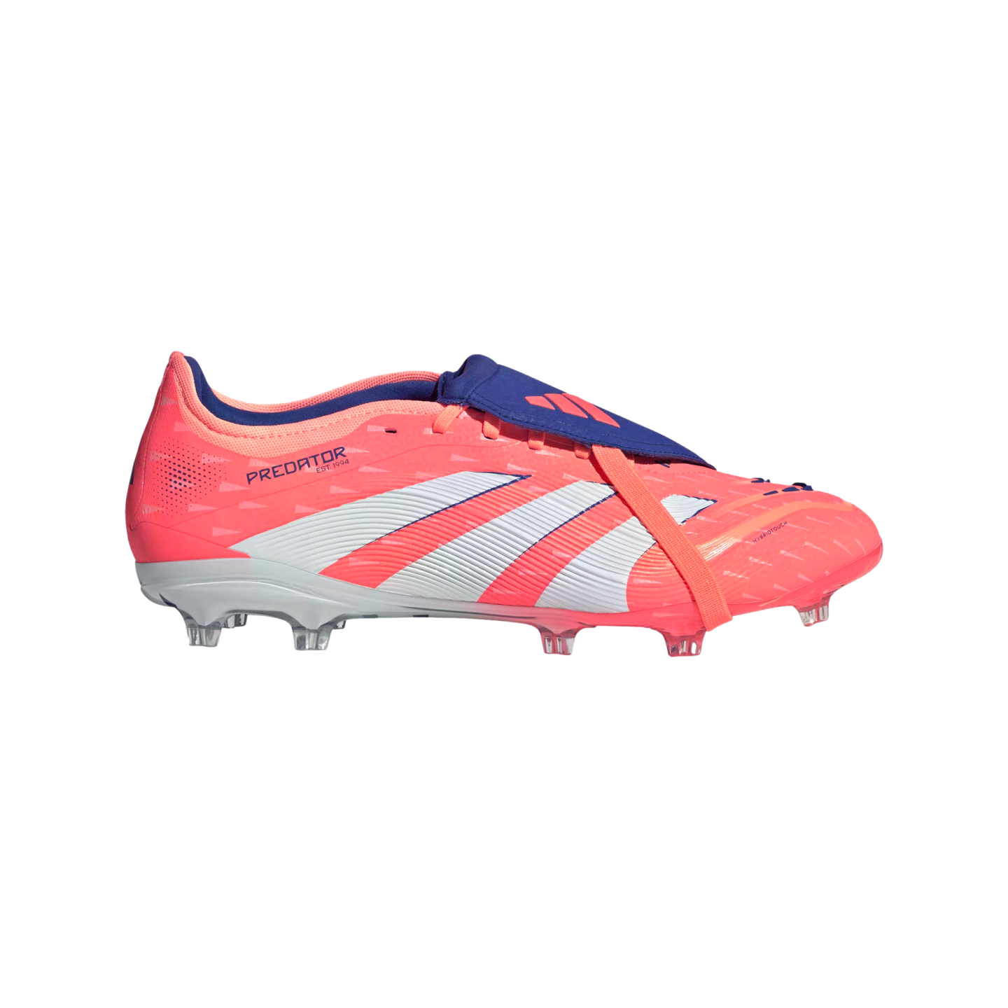 A side-profile view of a bright pink Adidas Predator soccer cleat with white stripes, a purple fold-over tongue, and clear studs on a black background.