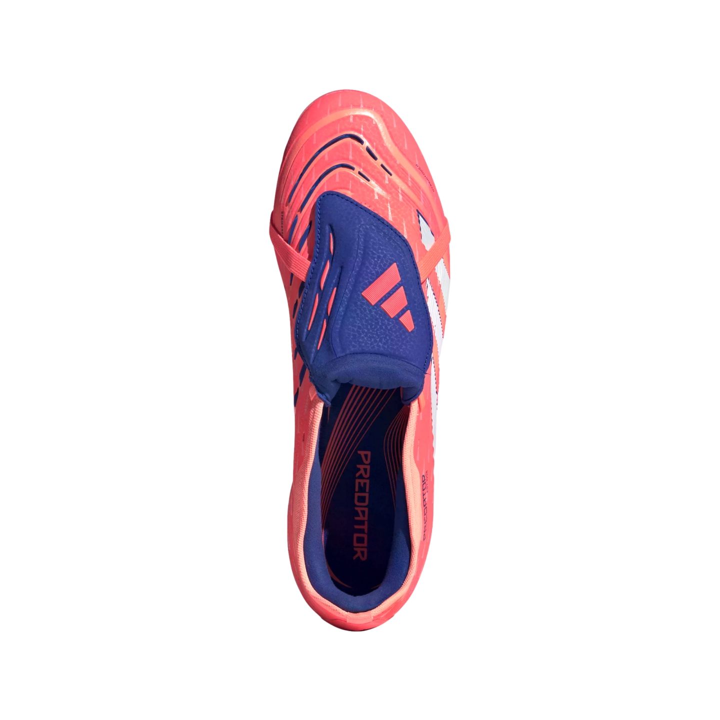 An overhead view of a vibrant coral Adidas Predator soccer cleat featuring a blue fold-over tongue and white stripes, isolated on a black background.