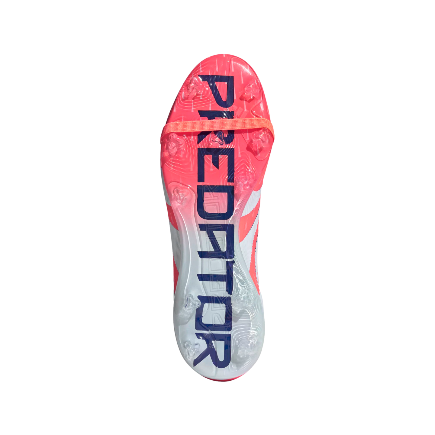 Underside of a pink and white gradient soccer cleat featuring large blue "PREDATOR" text, an elastic strap, and clear studs on a black background.