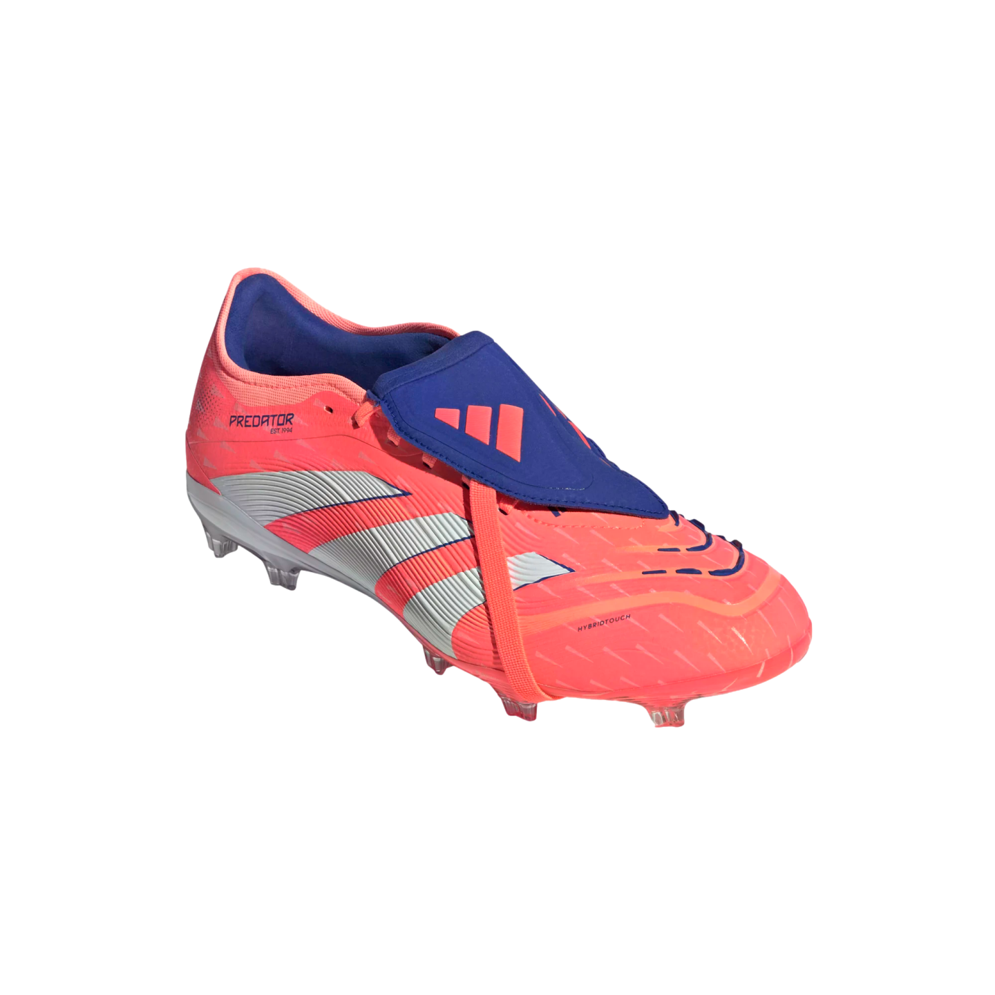 A neon pink Adidas Predator soccer cleat with blue accents, silver stripes, and a fold-over tongue, shown against a black background.