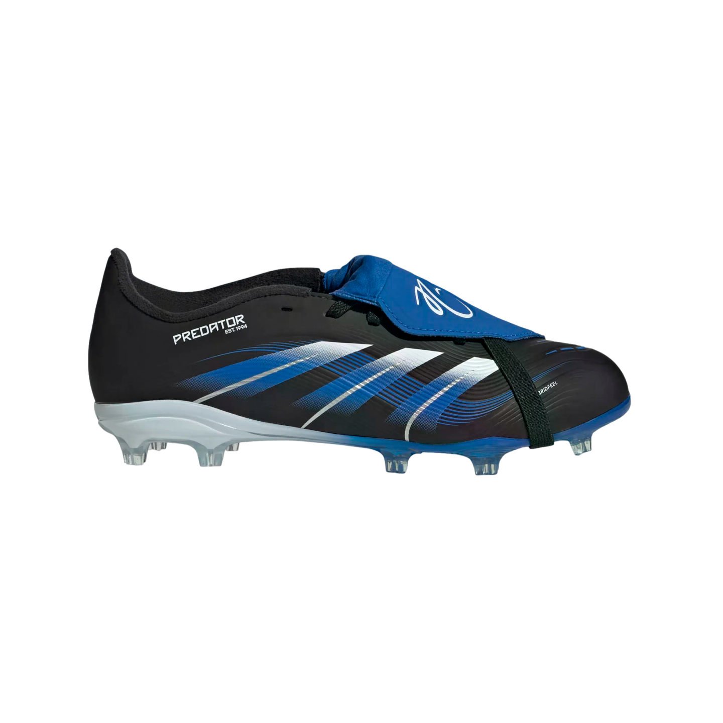 Side view of a black and blue Adidas Predator soccer cleat with a blue fold-over tongue and white diagonal stripes.