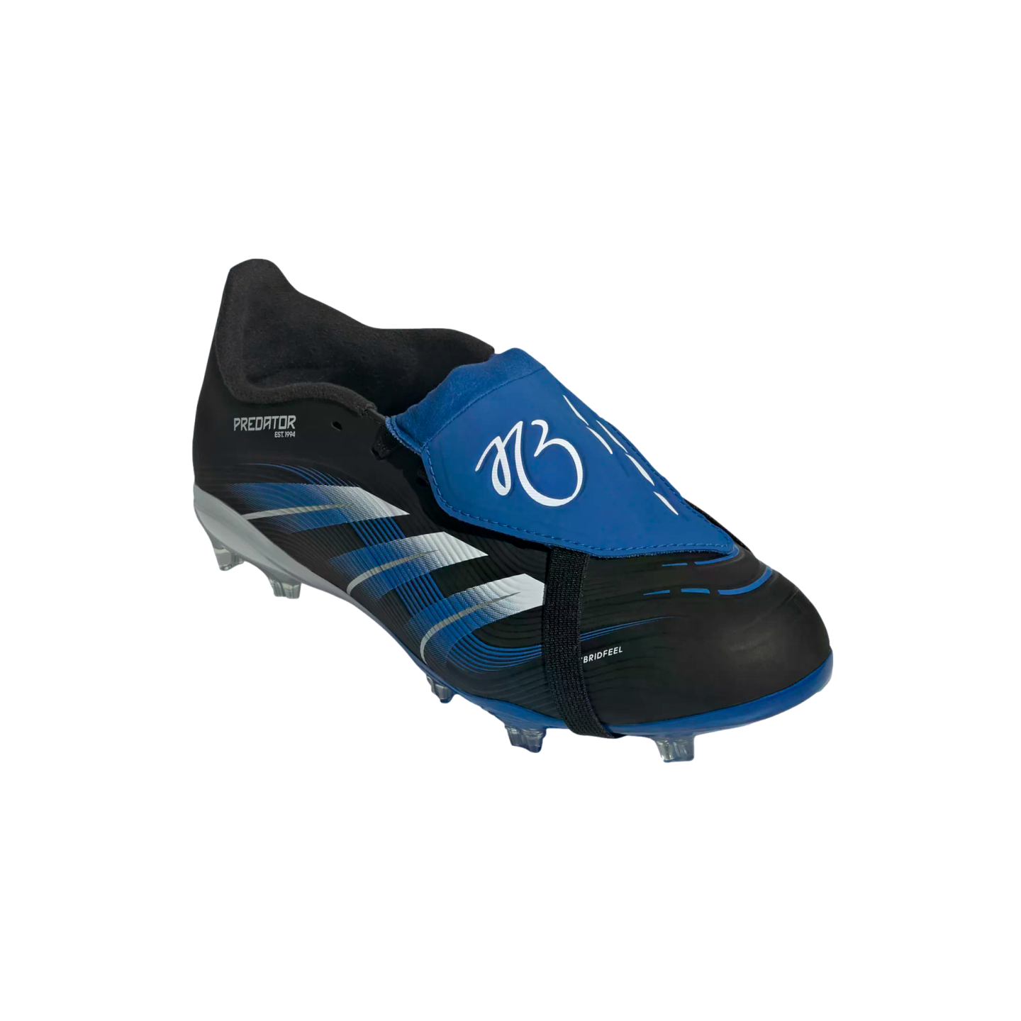 A black and blue Adidas Predator soccer boot with a blue fold-over tongue featuring a signature logo and silver side accents, isolated on a black background.