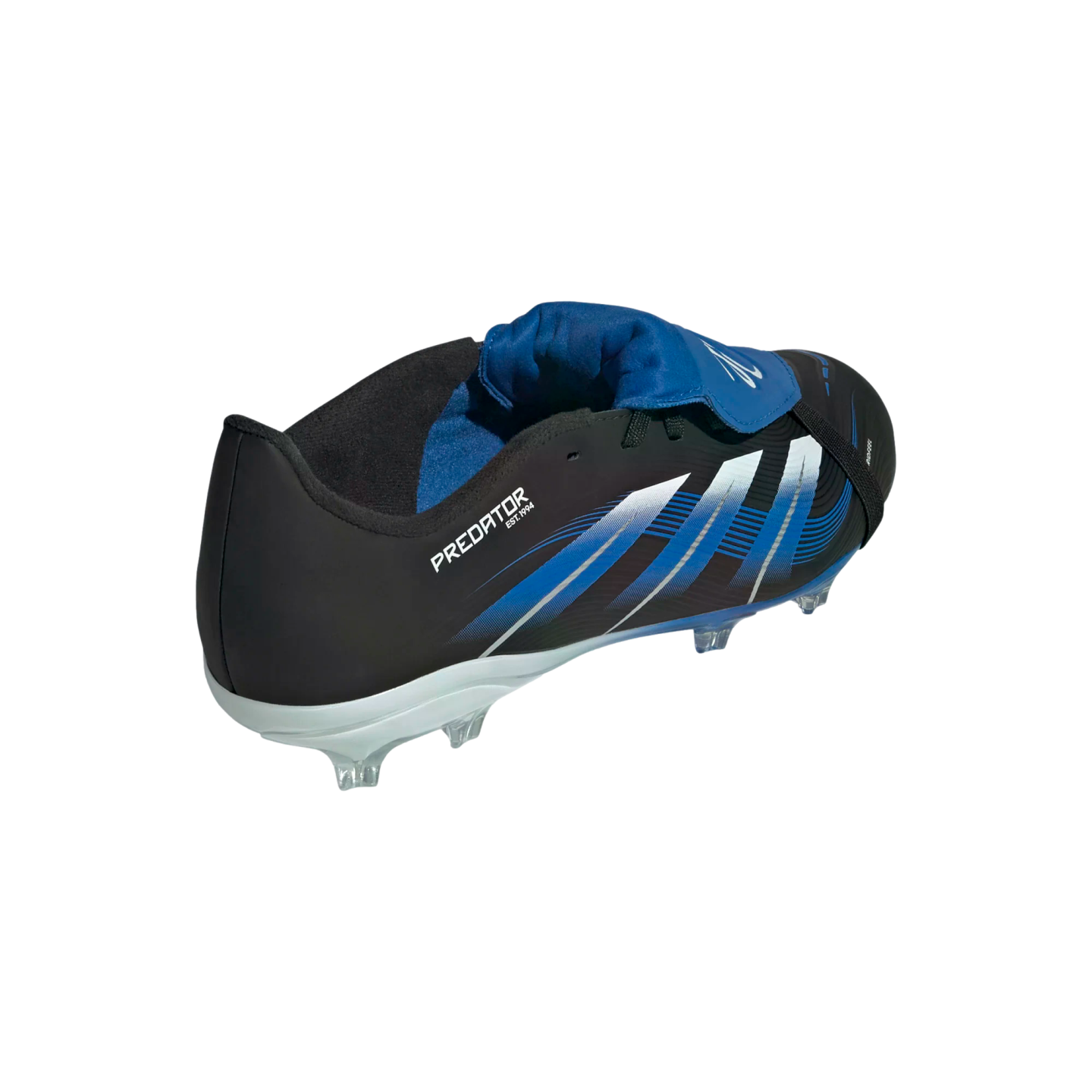 A black and blue Adidas Predator soccer cleat with a fold-over tongue and clear studs, shown from a side-rear angle against a solid black background.