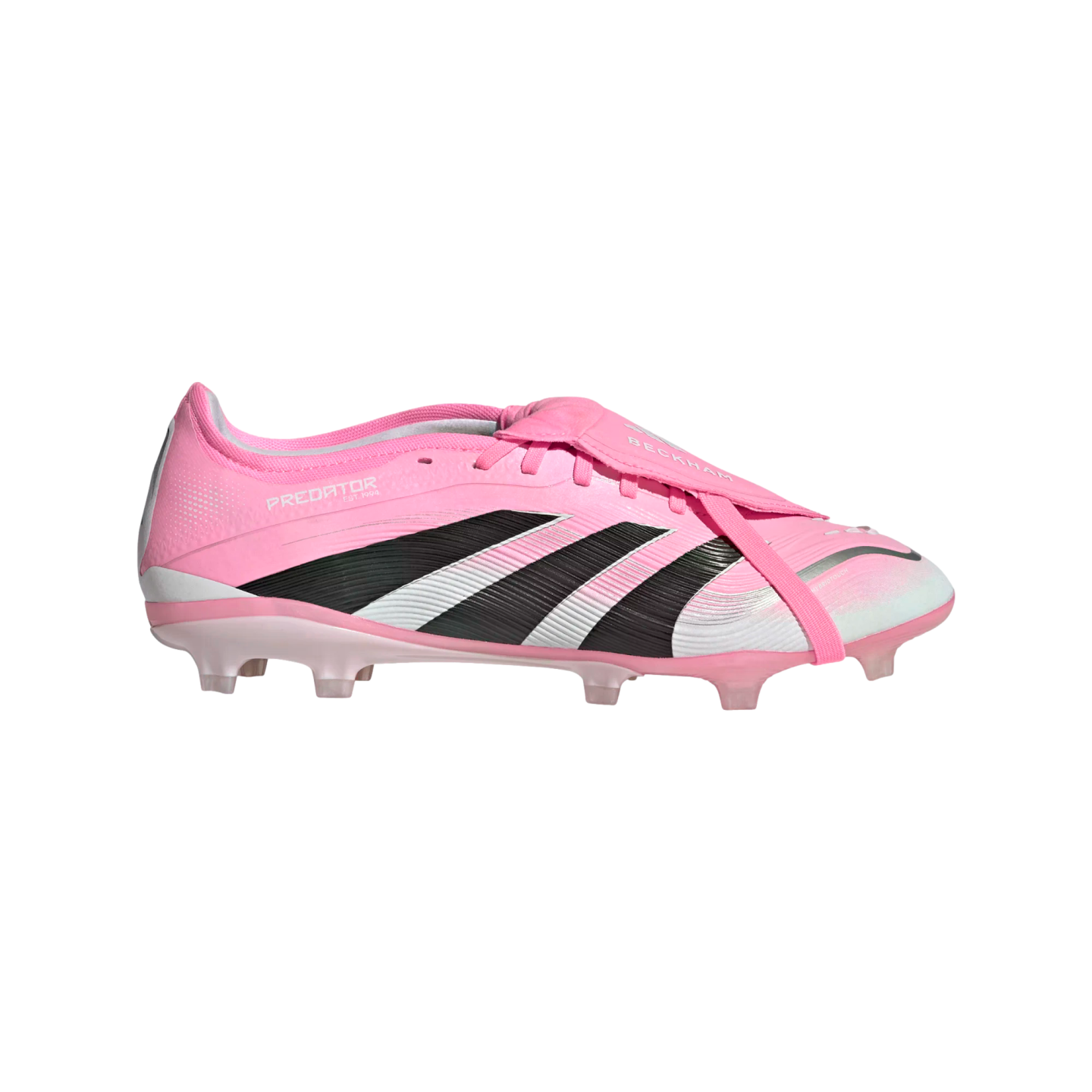 Pink adidas Predator soccer cleat with black diagonal stripes, a white toe, and a fold-over tongue bearing the name "BECKHAM."