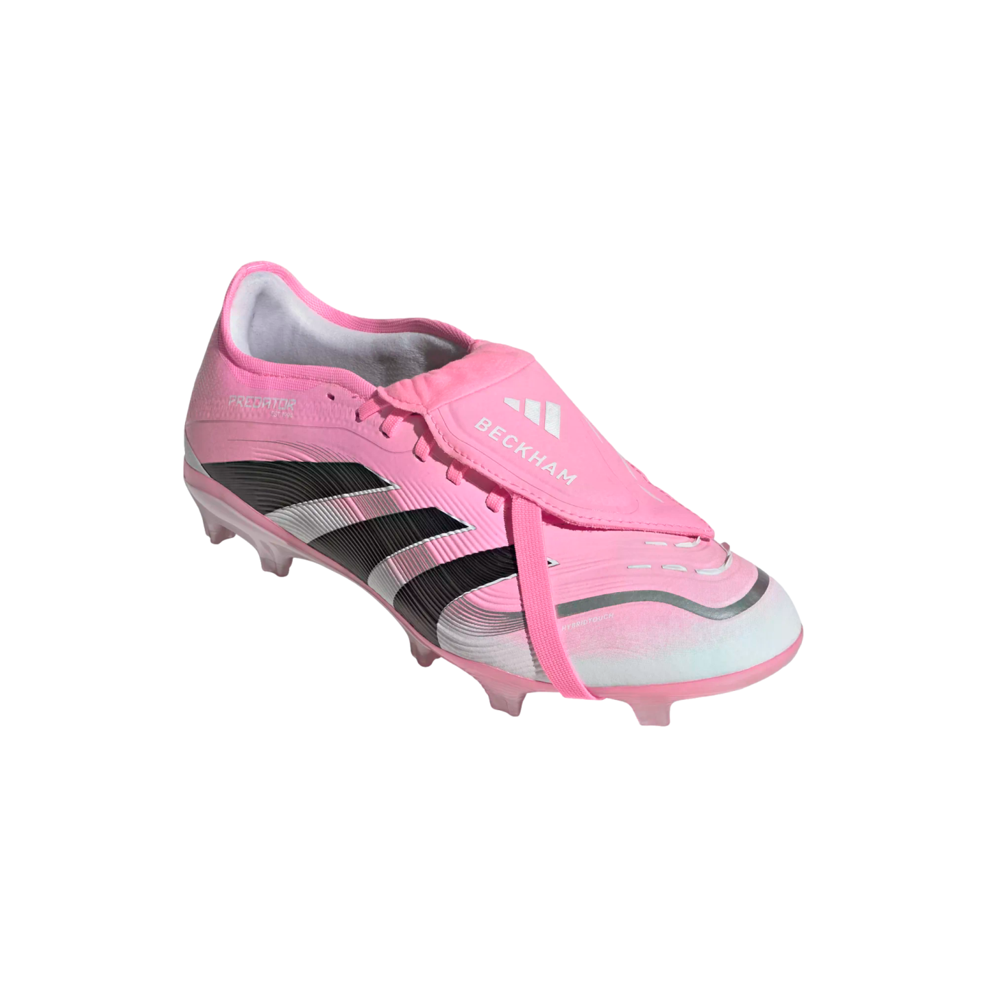 Pink Adidas Predator soccer cleat with "BECKHAM" on the tongue flap and black stripes, set against a black background.