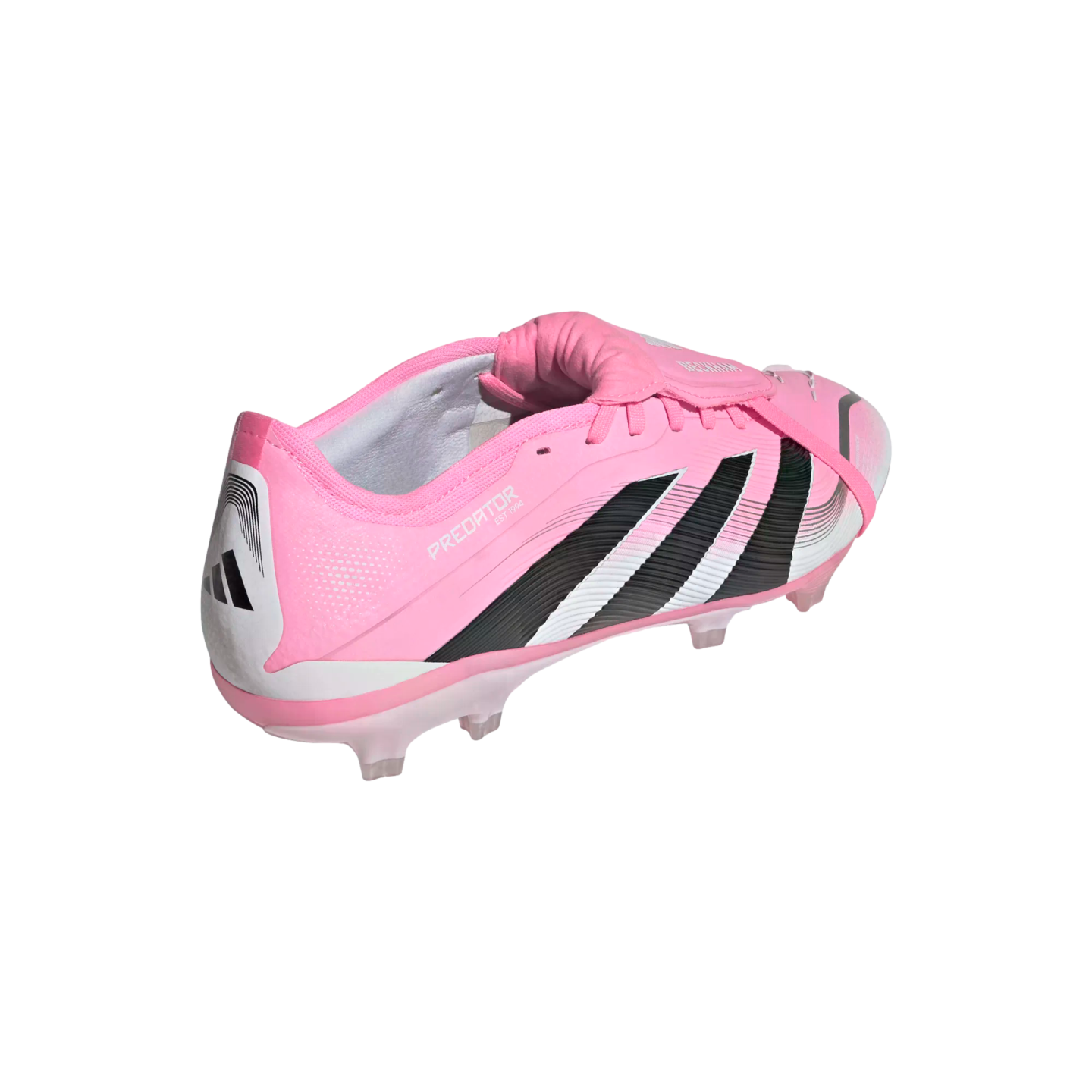 A pink Adidas Predator soccer cleat with black stripes and white accents, shown from a rear-side angle against a solid black background.