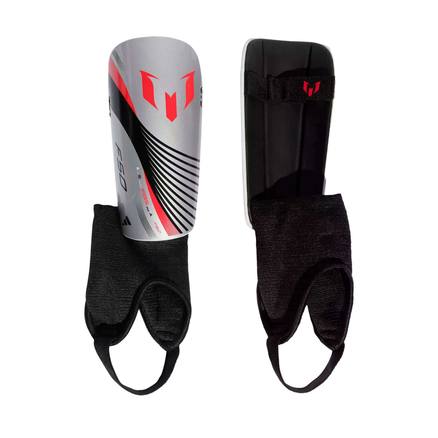 Pair of silver, black, and red Adidas Messi F50 shin guards with integrated ankle protection. Front and back views are shown against a white background.