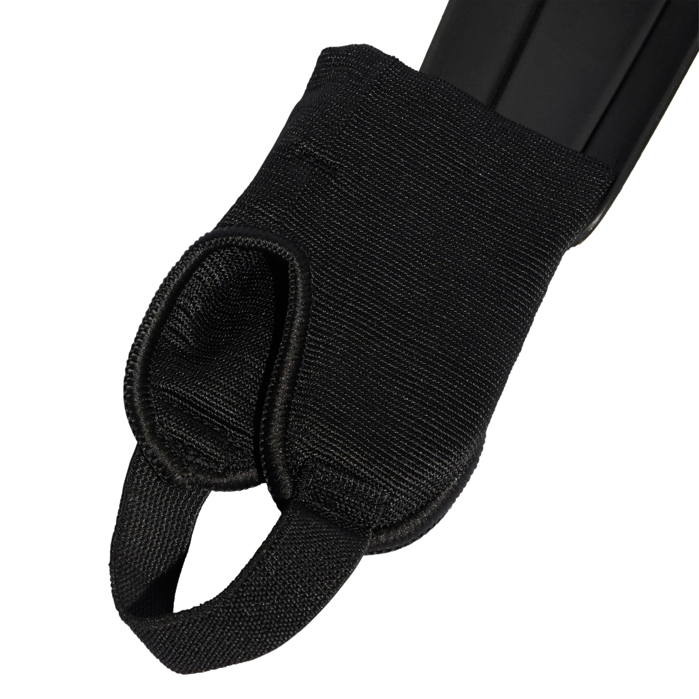 Close-up of a black textured fabric support sleeve with a thumb opening and a bottom loop, attached to a rigid black plastic piece.