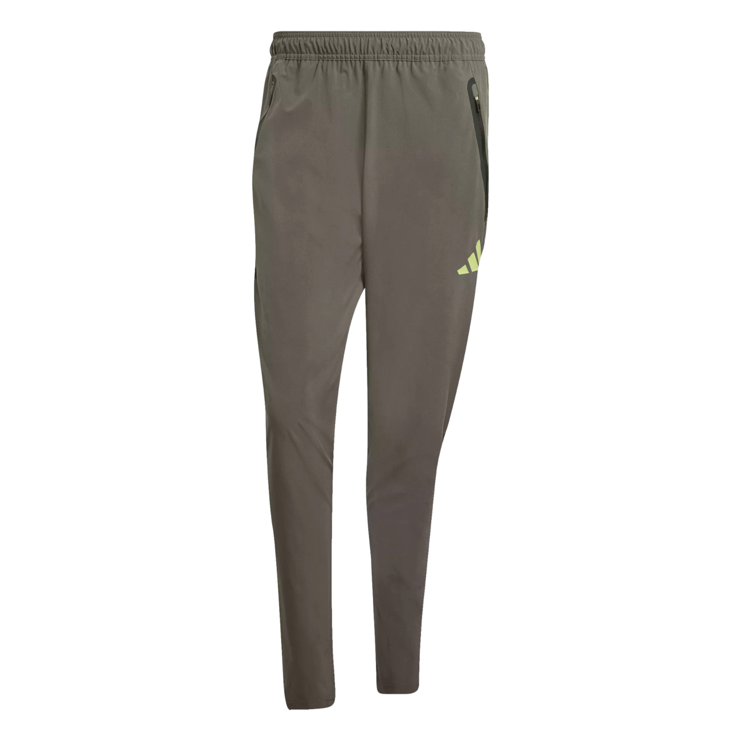 Olive-brown tapered Adidas athletic pants with an elastic waist and a pale yellow logo on the left thigh, centered on a black background.
