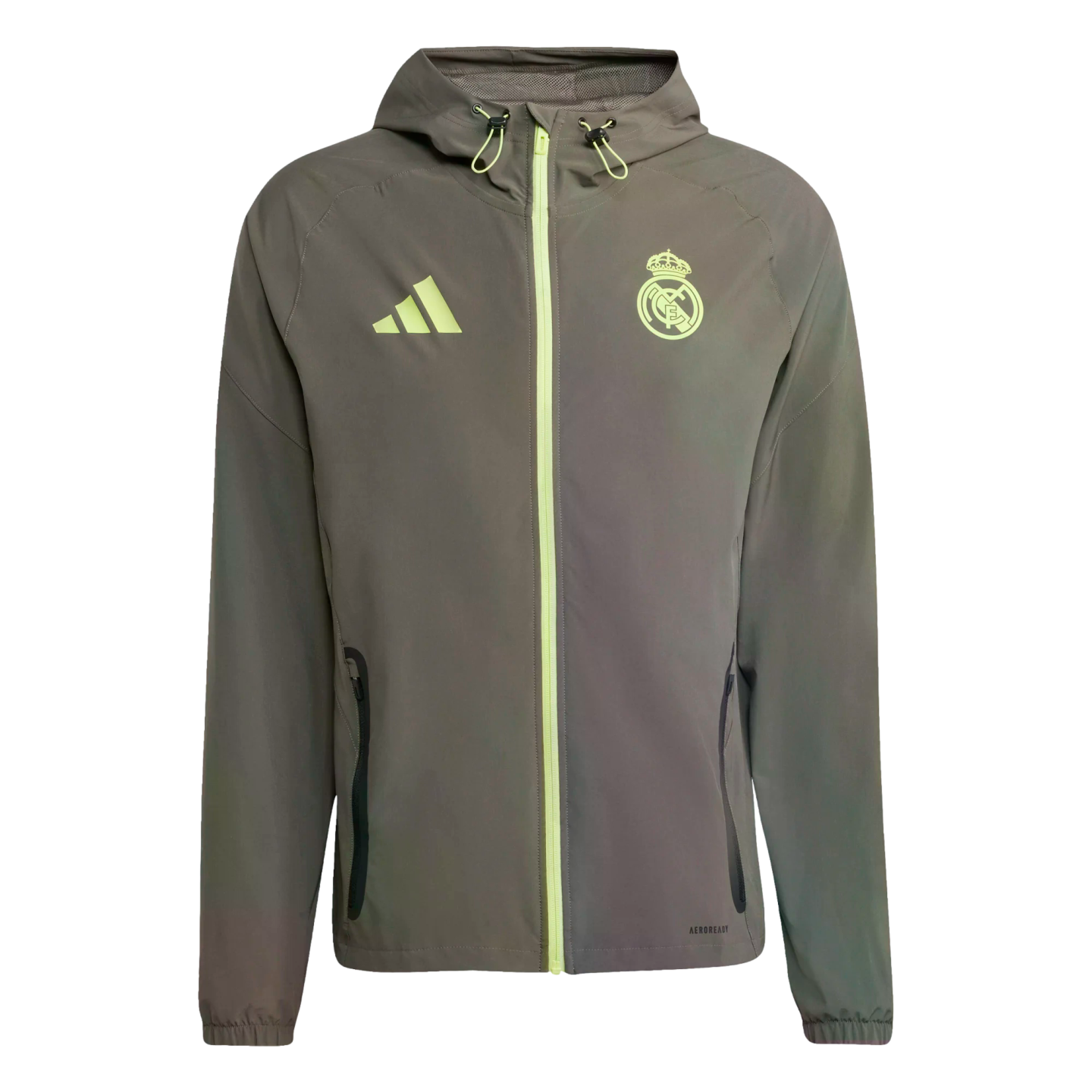 Dark grey Real Madrid hooded windbreaker jacket featuring neon yellow accents on the zipper and logos.