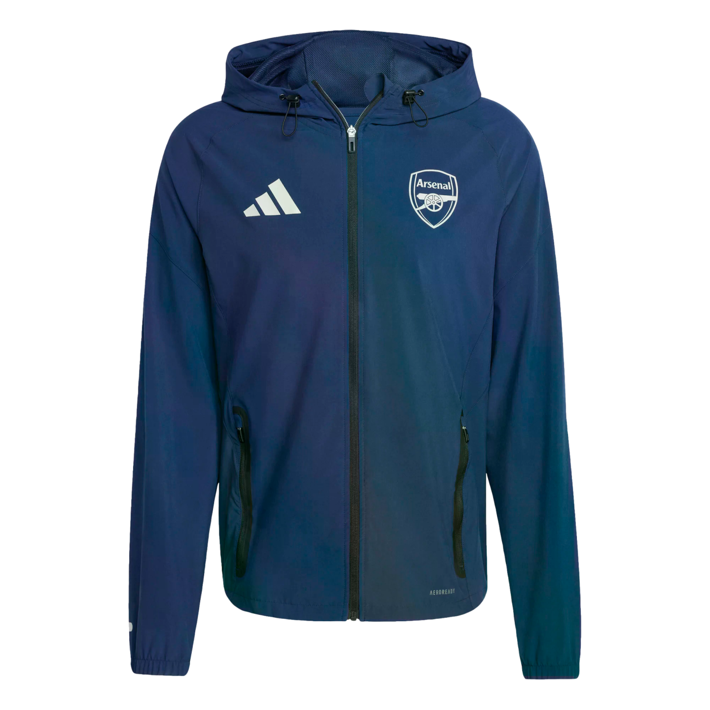 Dark blue Adidas hooded jacket with white Adidas and Arsenal logos on the chest, featuring a full-length zipper and side pockets.