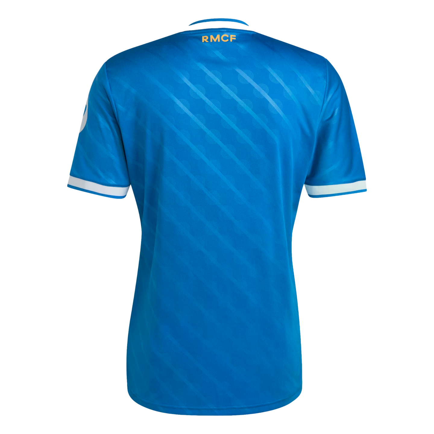 Back view of a blue soccer jersey with diagonal textured stripes, white sleeve cuffs, and gold "RMCF" lettering on the collar, set against a solid black background.
