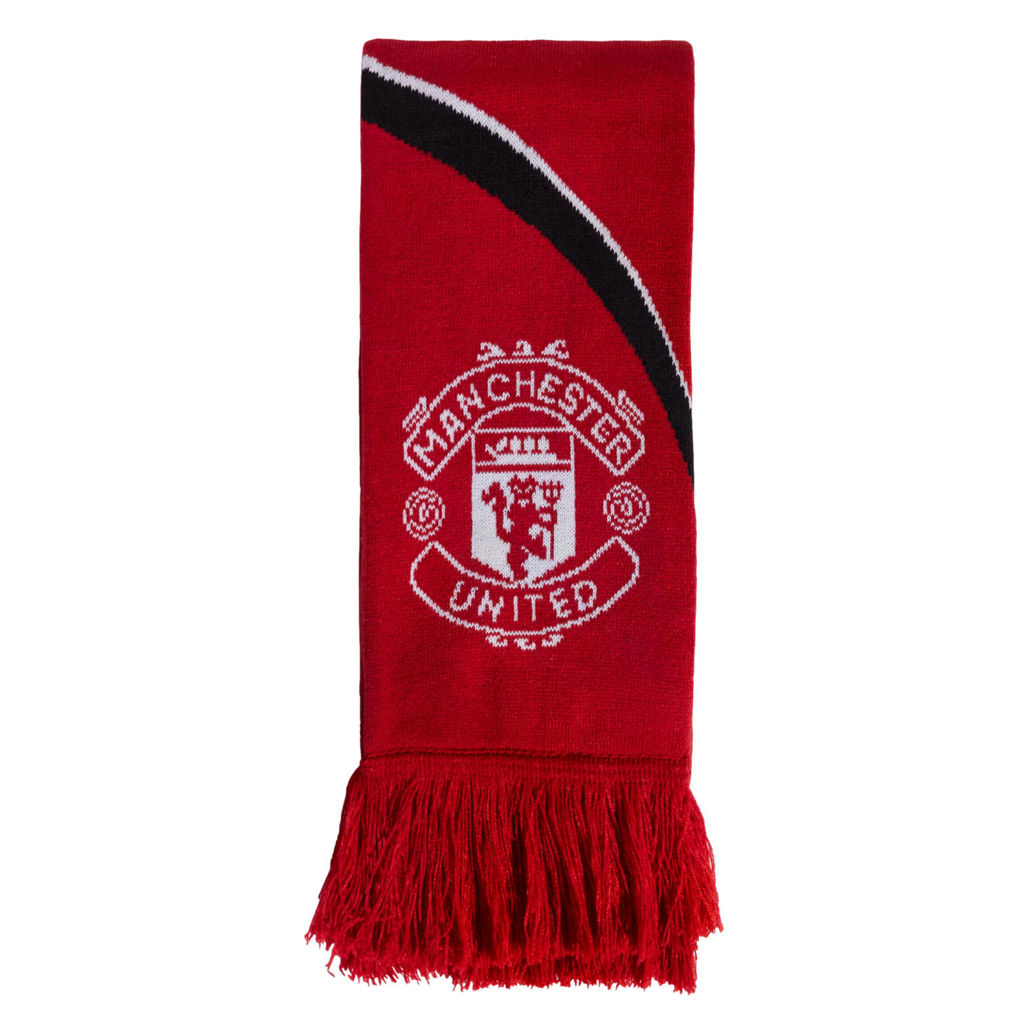 A red knitted Manchester United scarf with the white club crest in the center, a black and white diagonal stripe at the top, and red fringe at the bottom.