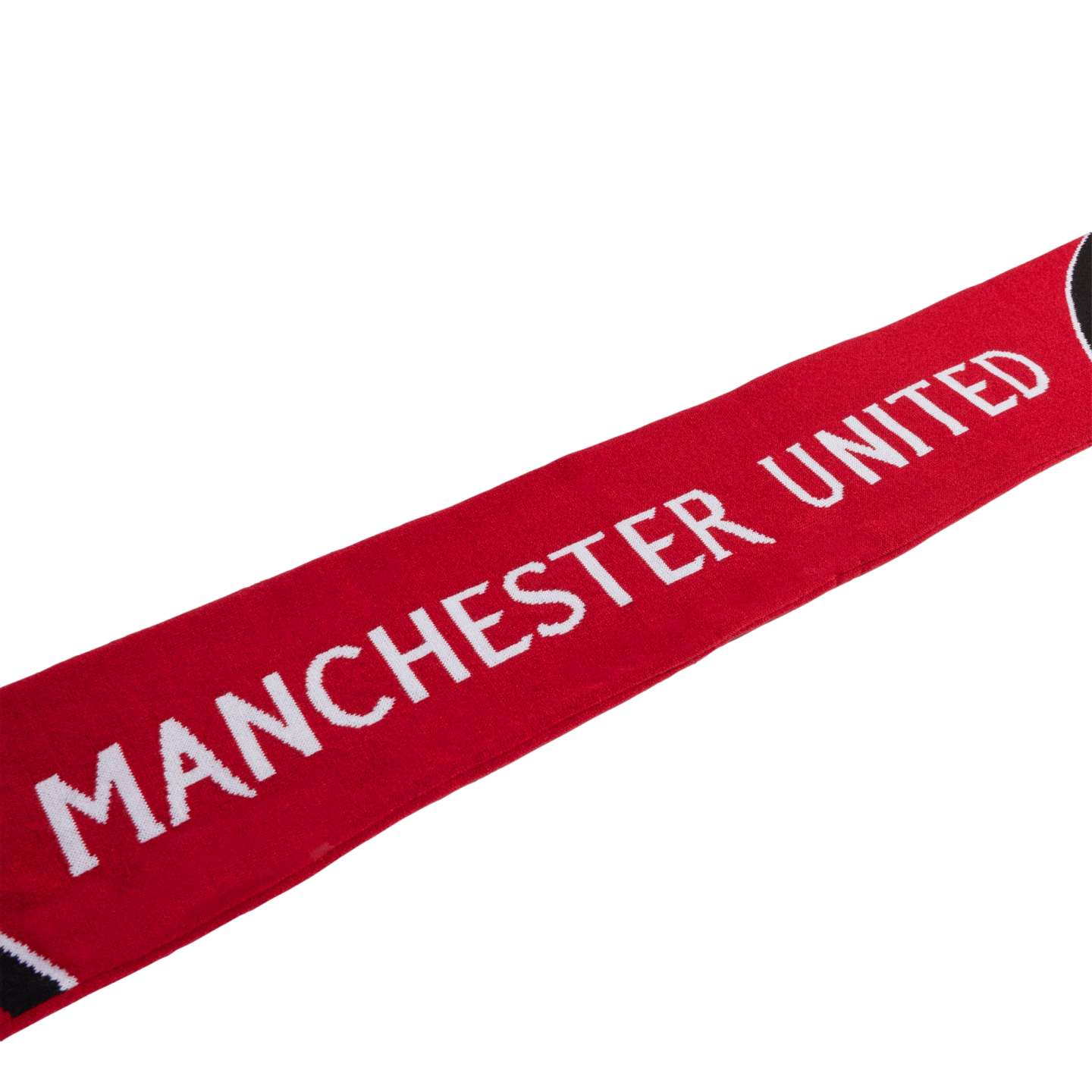 Red Manchester United scarf with white block lettering on a white background.