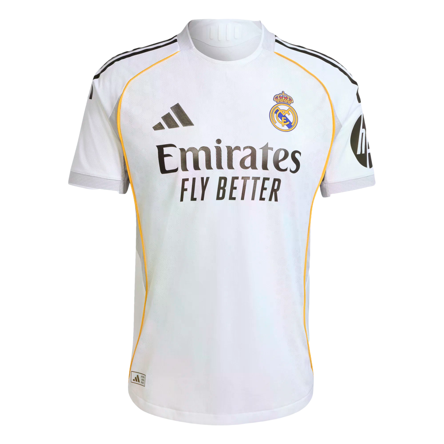 White Real Madrid home jersey featuring the club crest, Adidas logo, "Emirates FLY BETTER" sponsor, black shoulder stripes, and thin yellow-gold piping.