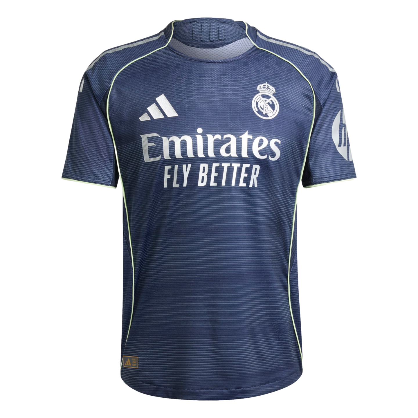 A dark blue Real Madrid soccer jersey featuring white Adidas, club crest, and Emirates sponsor logos, accented with light green trim and an HP logo on the sleeve.