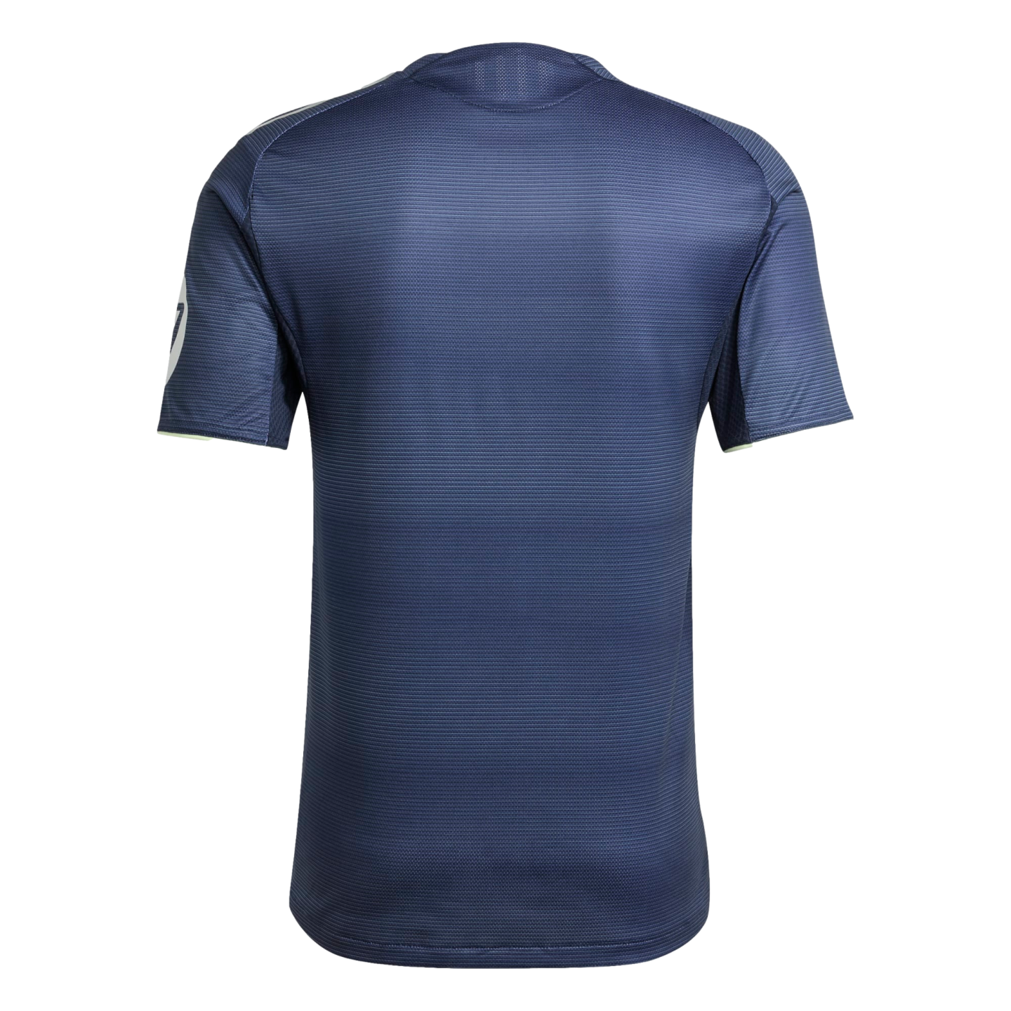 Back view of a navy blue short-sleeved jersey with white shoulder stripes, neon yellow sleeve trim, and a subtle horizontal texture.