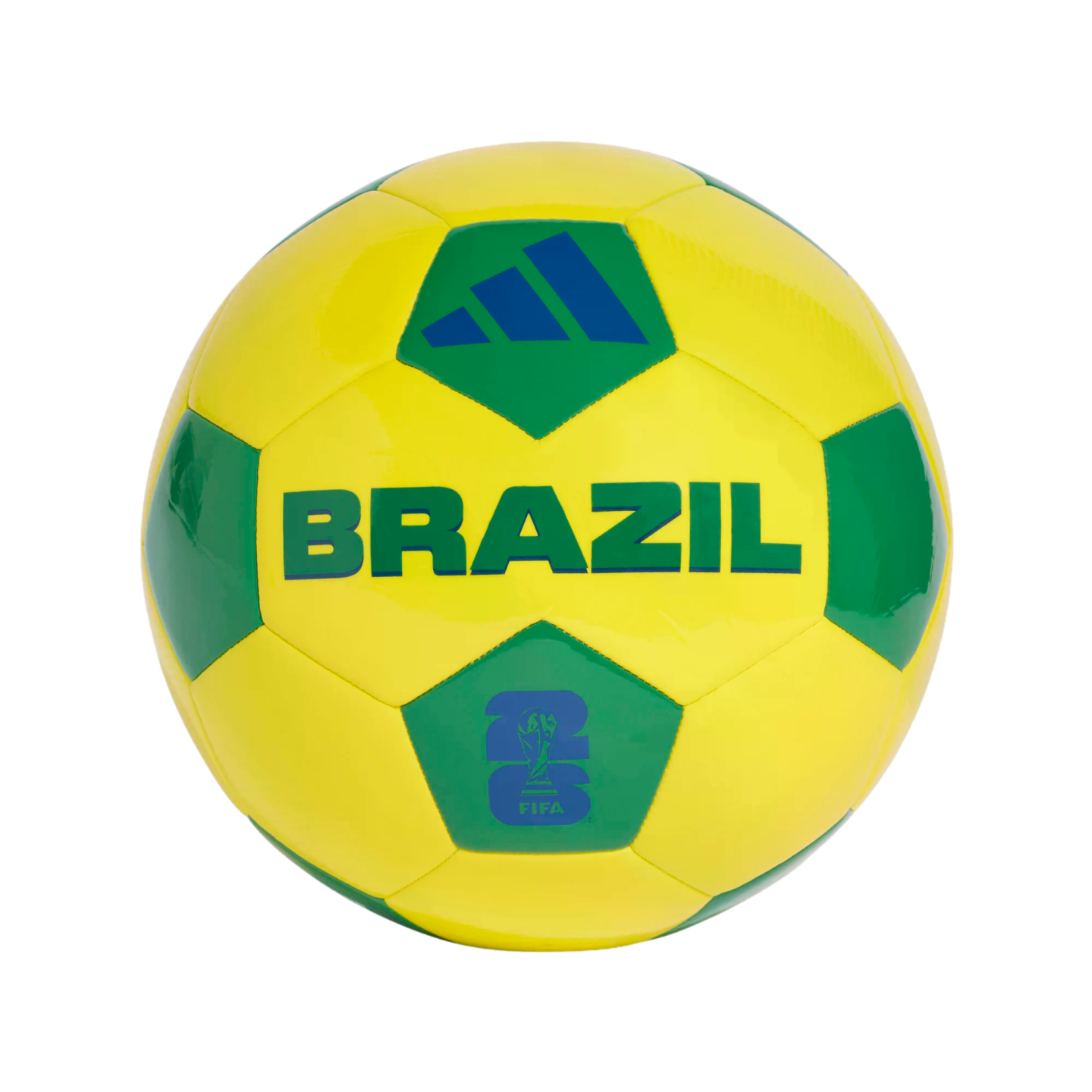 A yellow and green soccer ball is centered against a solid black background. The ball features the word "BRAZIL" in large green capital letters across its middle. Above the text is a blue Adidas logo on a green panel, and below it is a blue FIFA World Cup