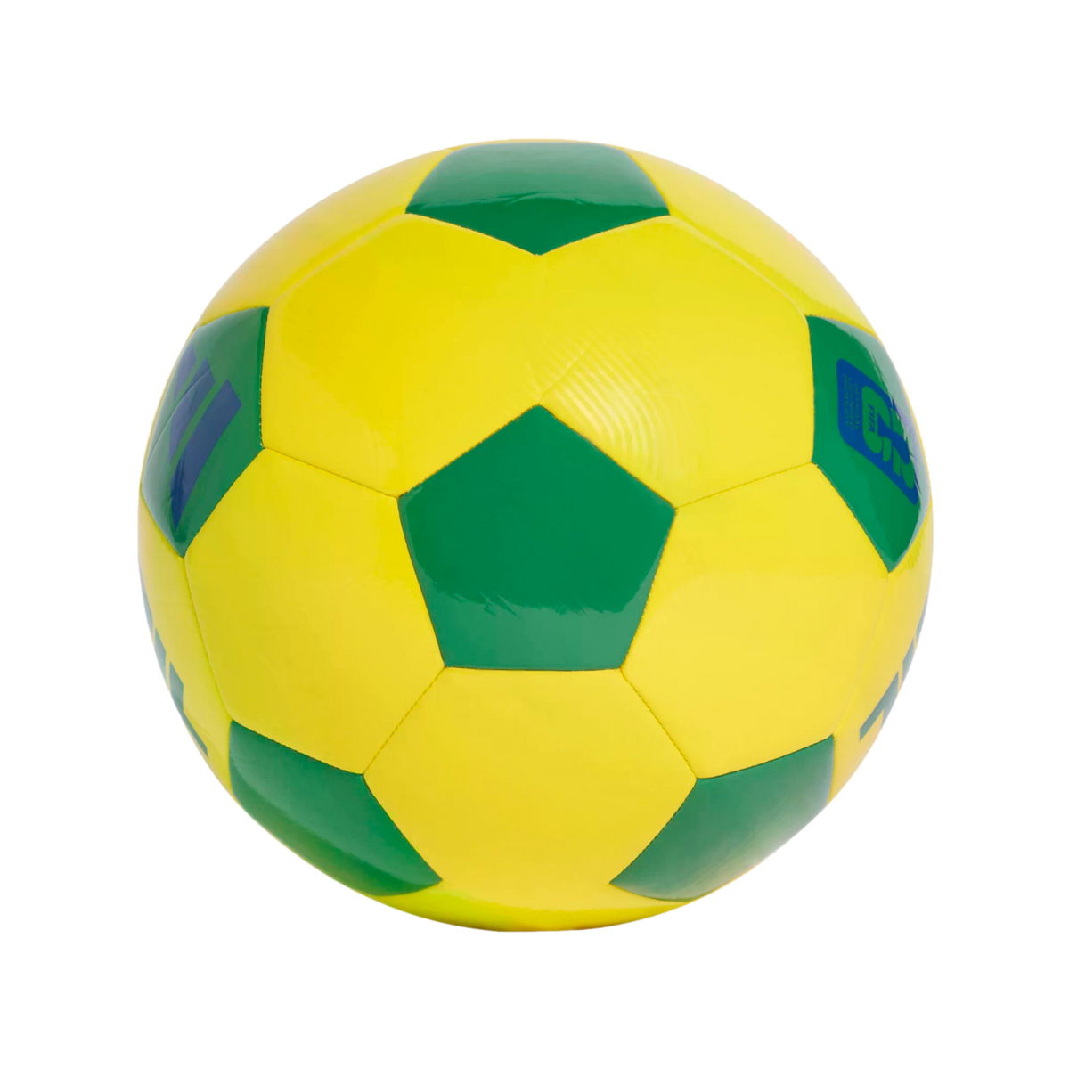 A yellow and green soccer ball centered against a solid black background. The ball features a classic pattern of green pentagonal panels and yellow hexagonal panels. A small blue logo is visible on one of the green panels on the right side. The ball has a