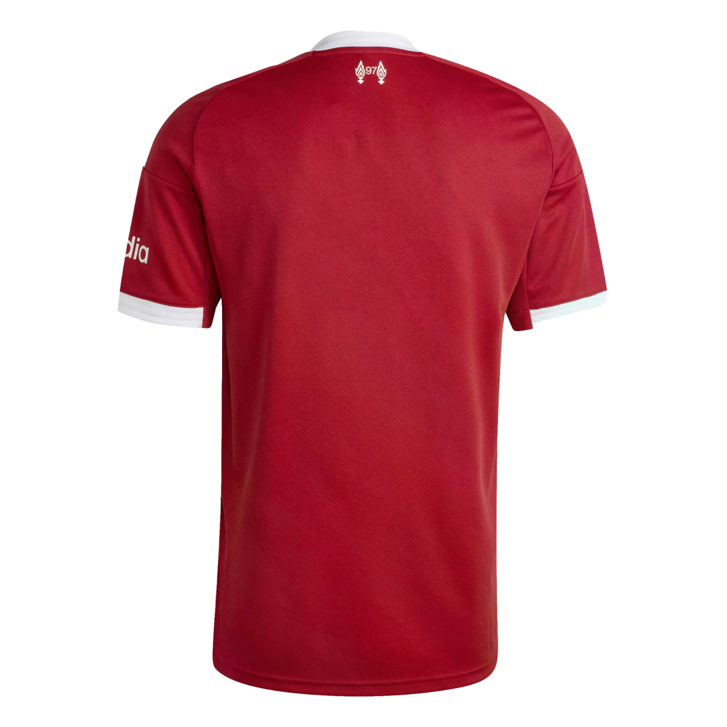 Rear view of a red Liverpool FC jersey with white collar and sleeve trim. A small white 97 emblem with flames is visible on the upper back.