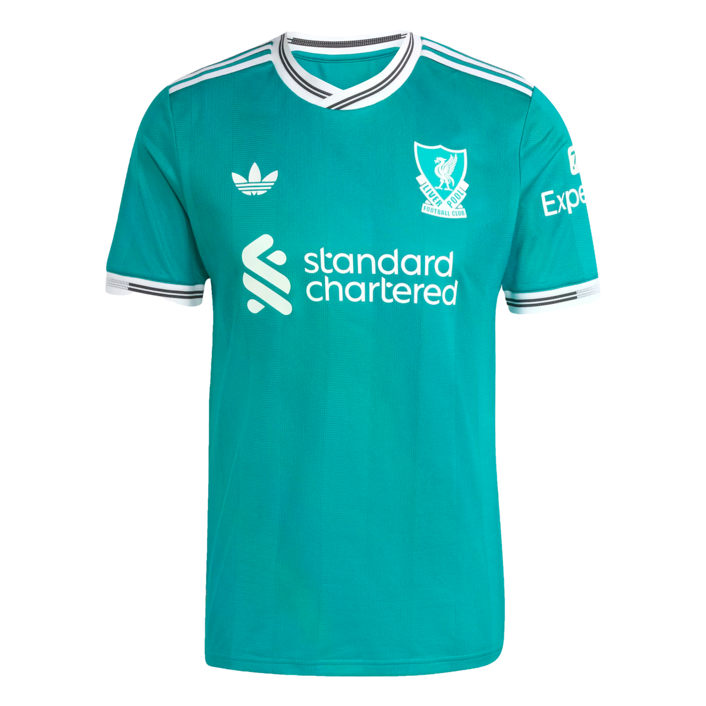 A teal Liverpool FC soccer jersey with white logos, featuring the club crest, Adidas trefoil, and Standard Chartered sponsor, with striped collar and cuffs.