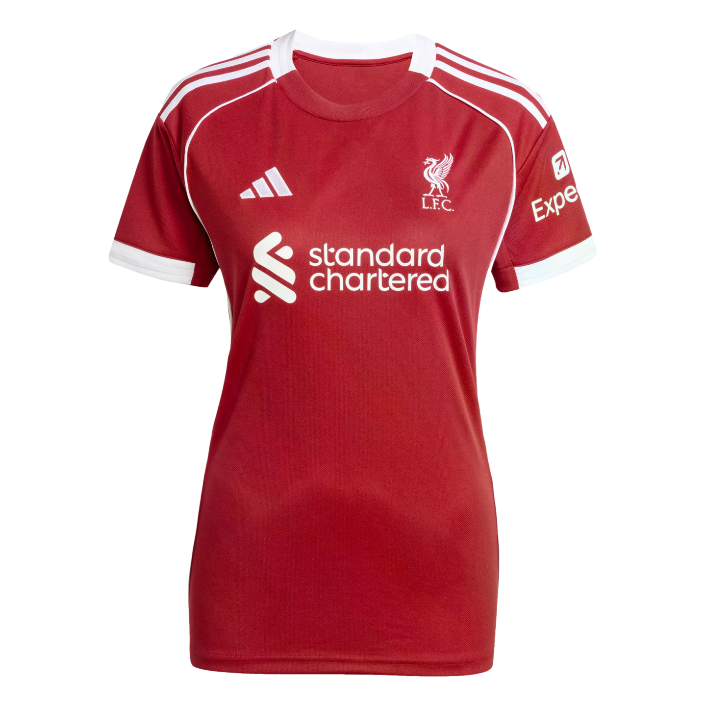 Red Liverpool F.C. soccer jersey with white Adidas stripes, club crest, and Standard Chartered and Expedia sponsors.