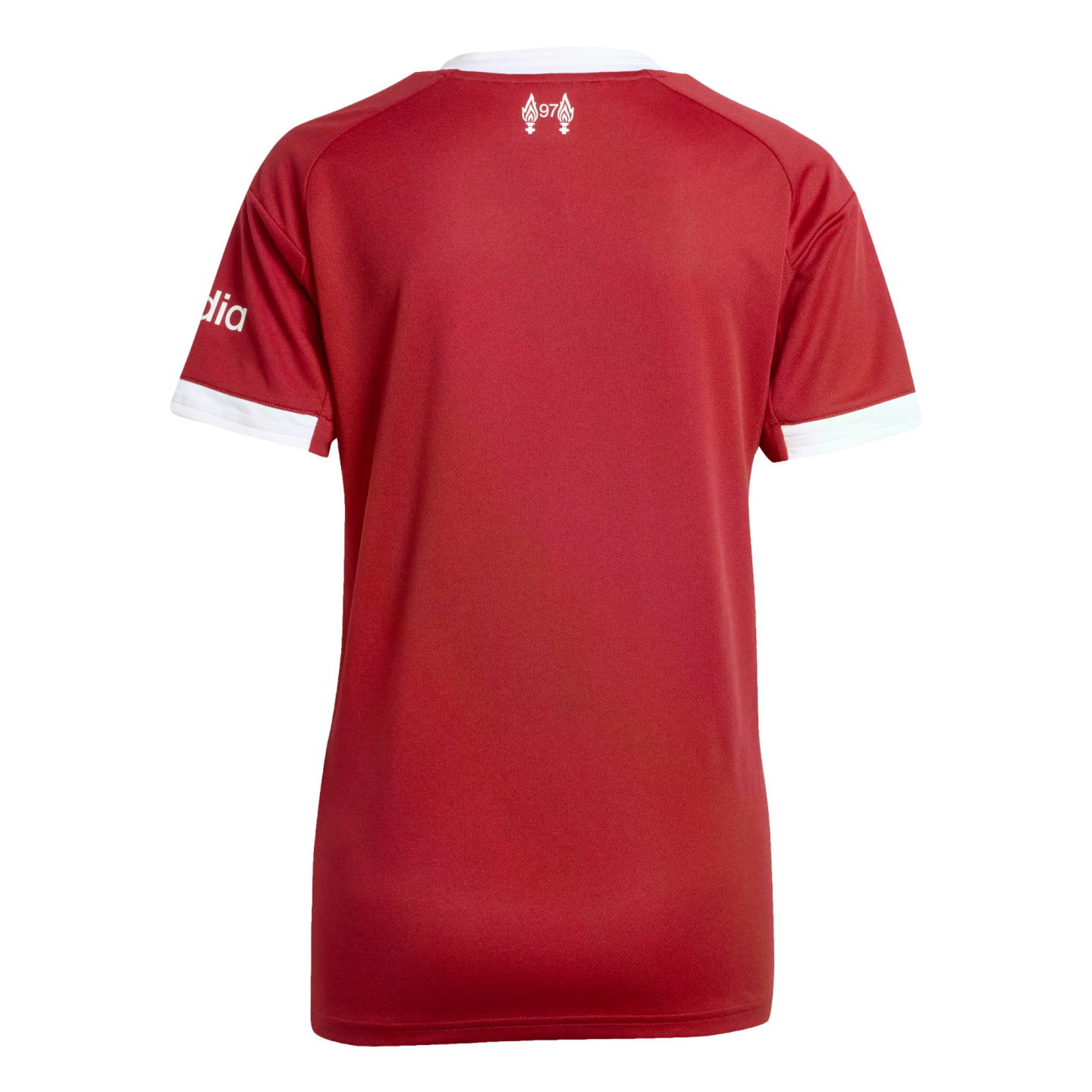 Back of a red Liverpool FC jersey with white collar and cuffs. A small white "97" between two eternal flames sits on the back neck.