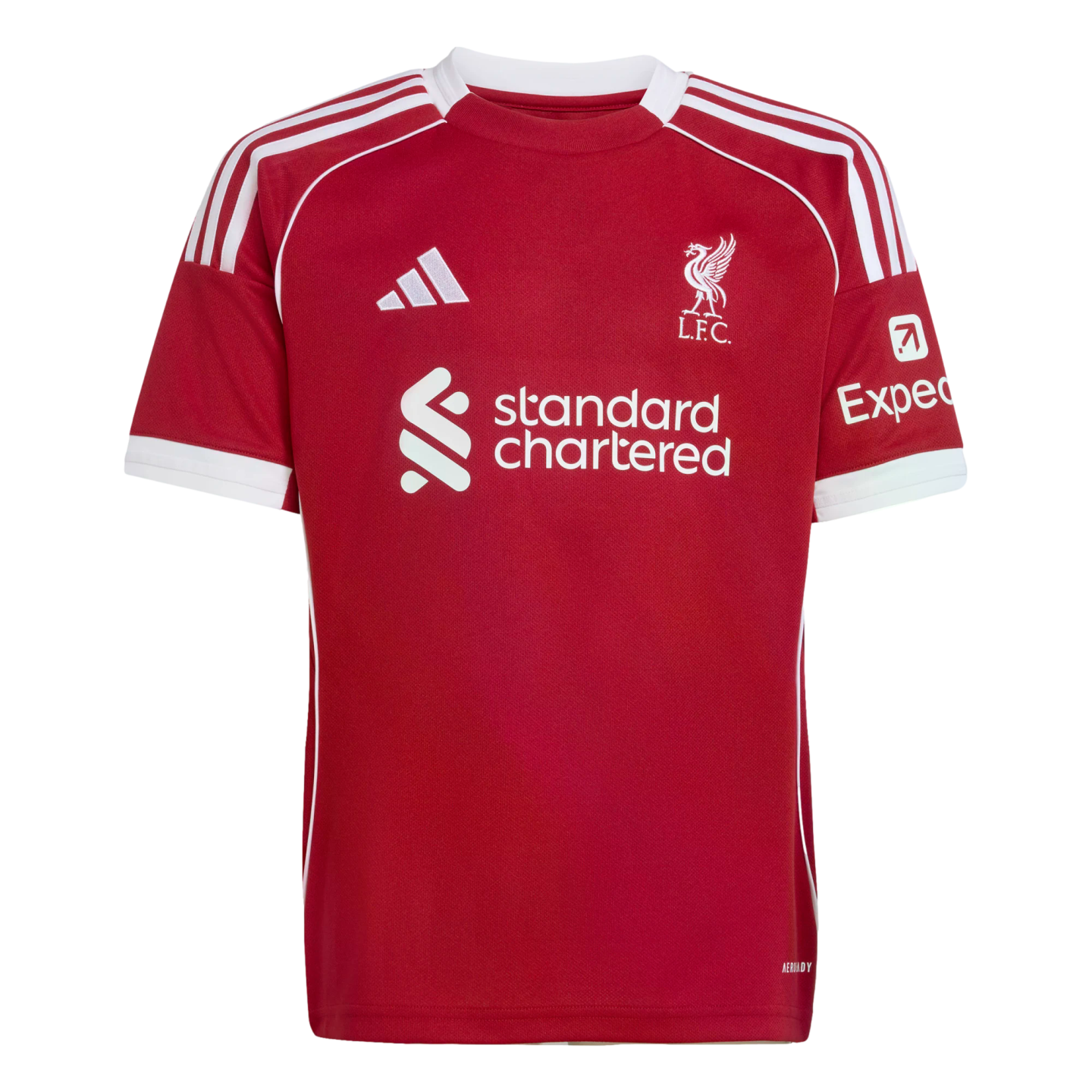 Red Liverpool FC home jersey with white Adidas stripes on shoulders, club crest, and Standard Chartered sponsor logo. White trim on the collar, sleeves, and sides.