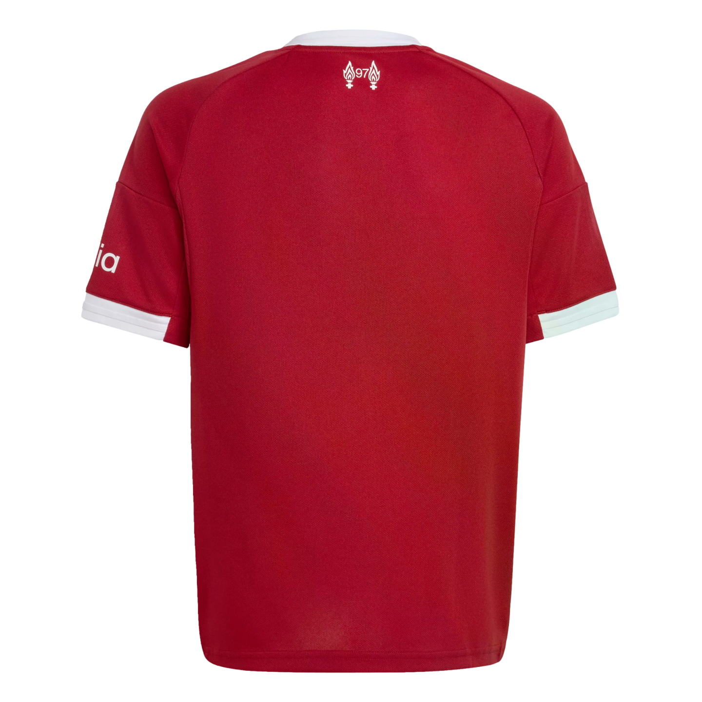 The back of a red football jersey with white trim on the collar and sleeves. A small white "97" memorial logo with flames is at the neck.