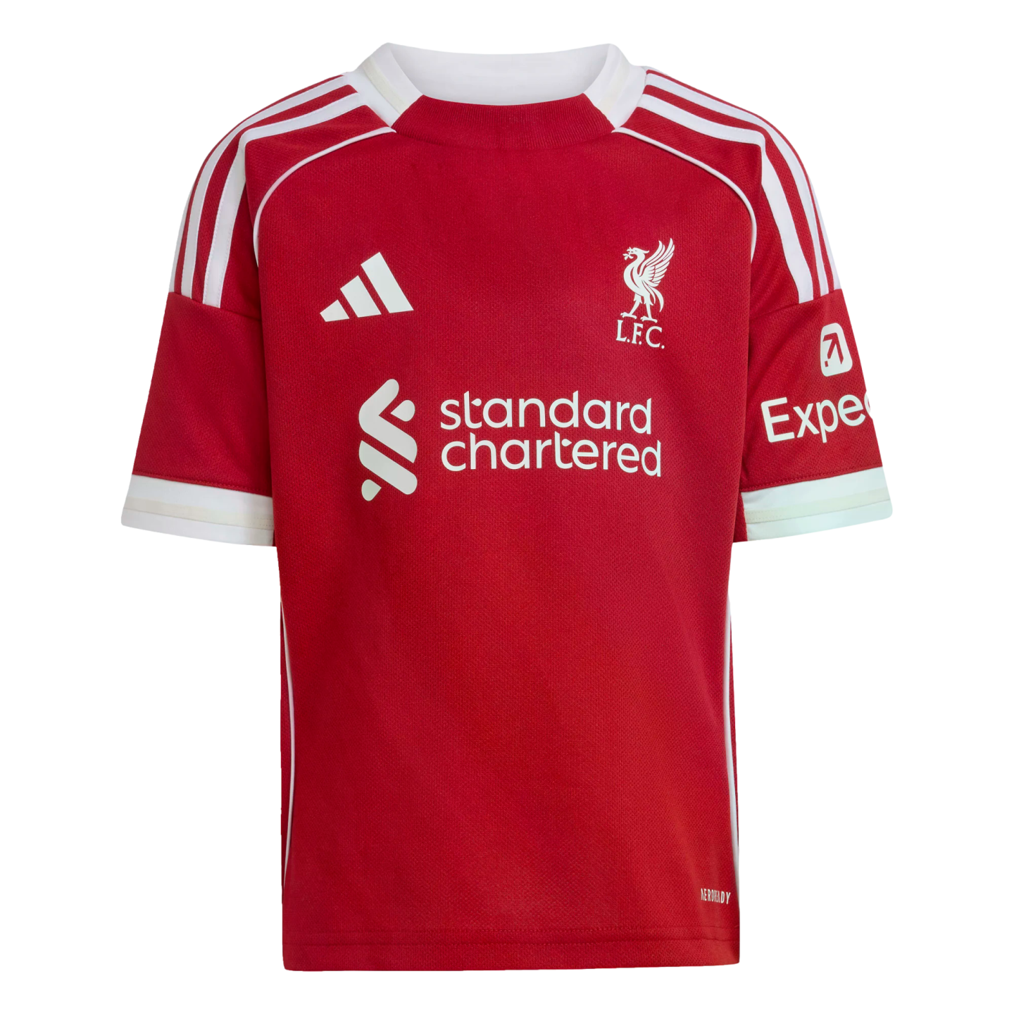 Red Liverpool F.C. Adidas home soccer jersey with white stripes and sponsor logos.