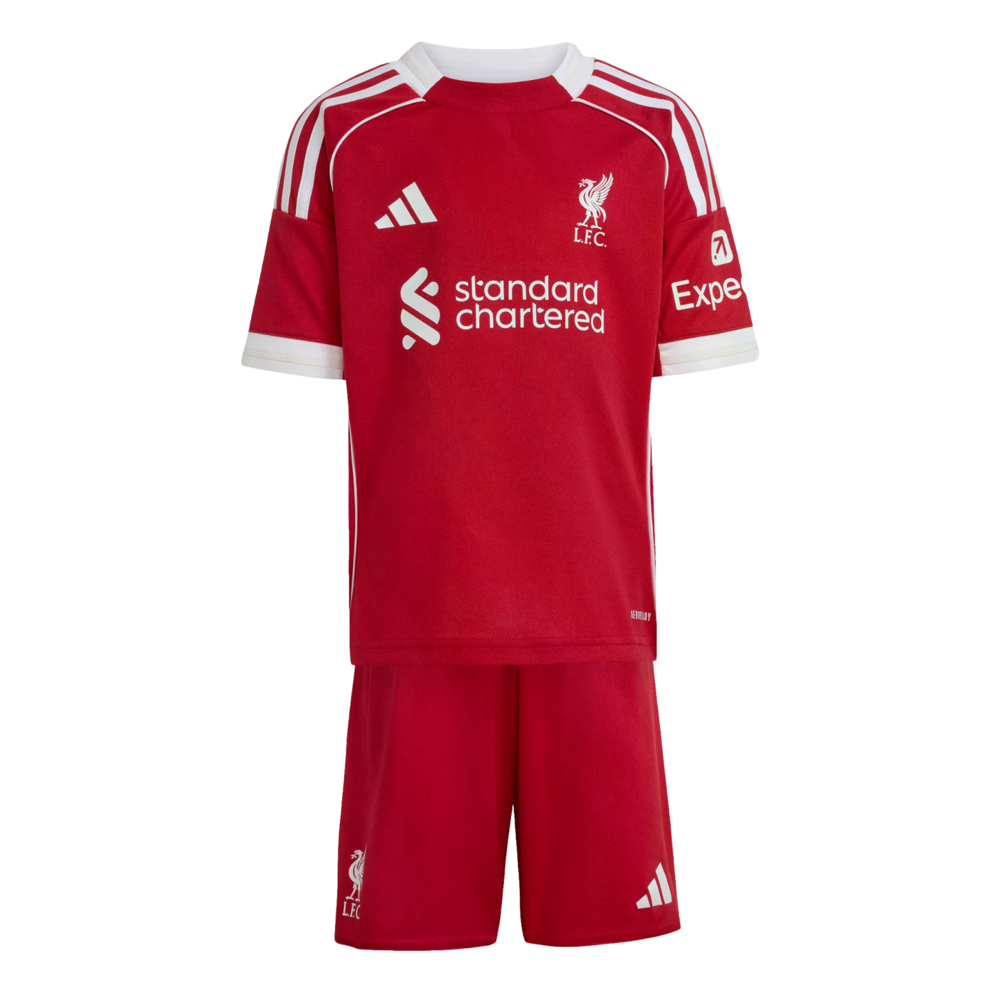 Children’s red Liverpool F.C. home football kit, featuring a short-sleeved jersey and matching shorts with white Adidas stripes, team crest, and sponsor logos.