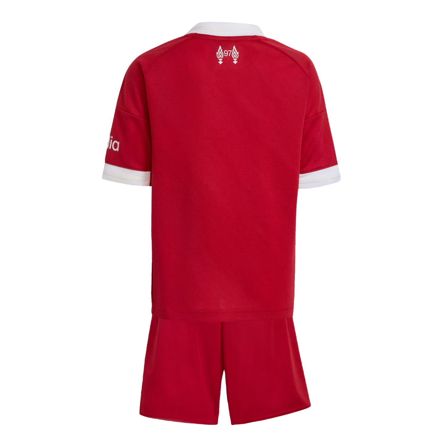 Rear view of a red soccer kit. The jersey features a white collar and cuffs, with a '97' memorial flame logo on the upper back. Includes matching red shorts.