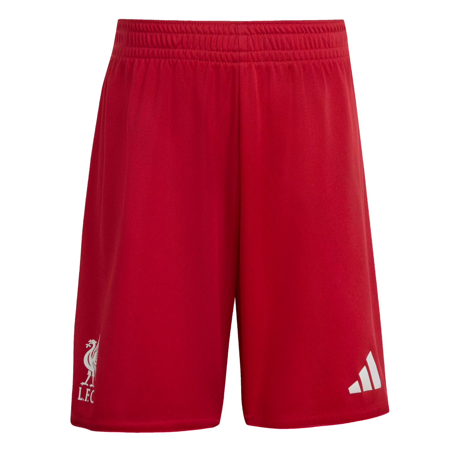 Red athletic shorts featuring a white Liverpool F.C. crest on the right leg and a white Adidas logo on the left leg, shown against a black background.