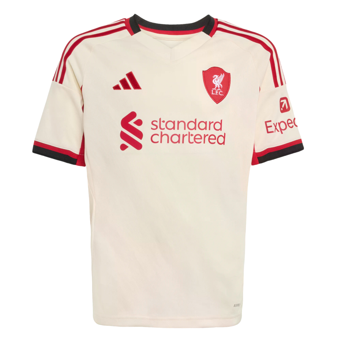 An off-white Liverpool F.C. football jersey with red Adidas stripes, club crest, and sponsor logos. Features red and black trim on the collar and cuffs.