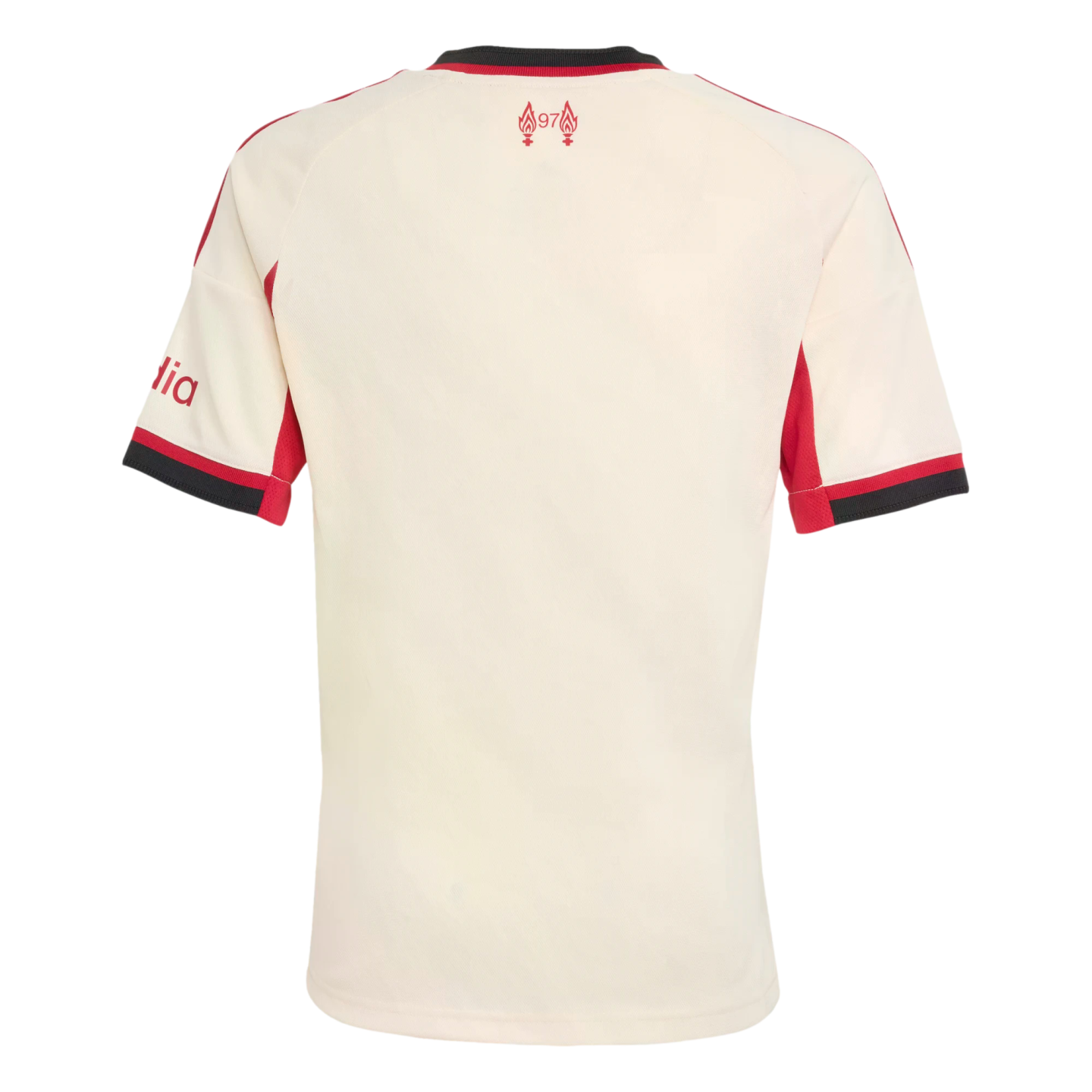 Back of a cream-colored soccer jersey with red and black trim. Features a '97' flame emblem on the upper back and red sleeve details, displayed on a black background.