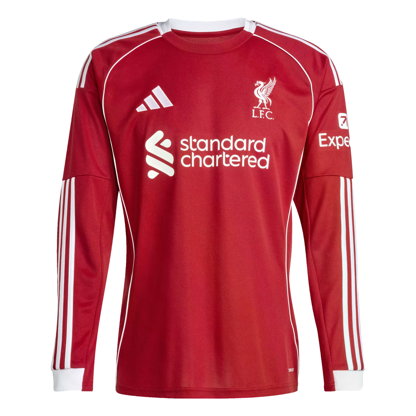 A long-sleeved red Liverpool FC home jersey featuring white accents, the club crest, and the Standard Chartered sponsor logo.