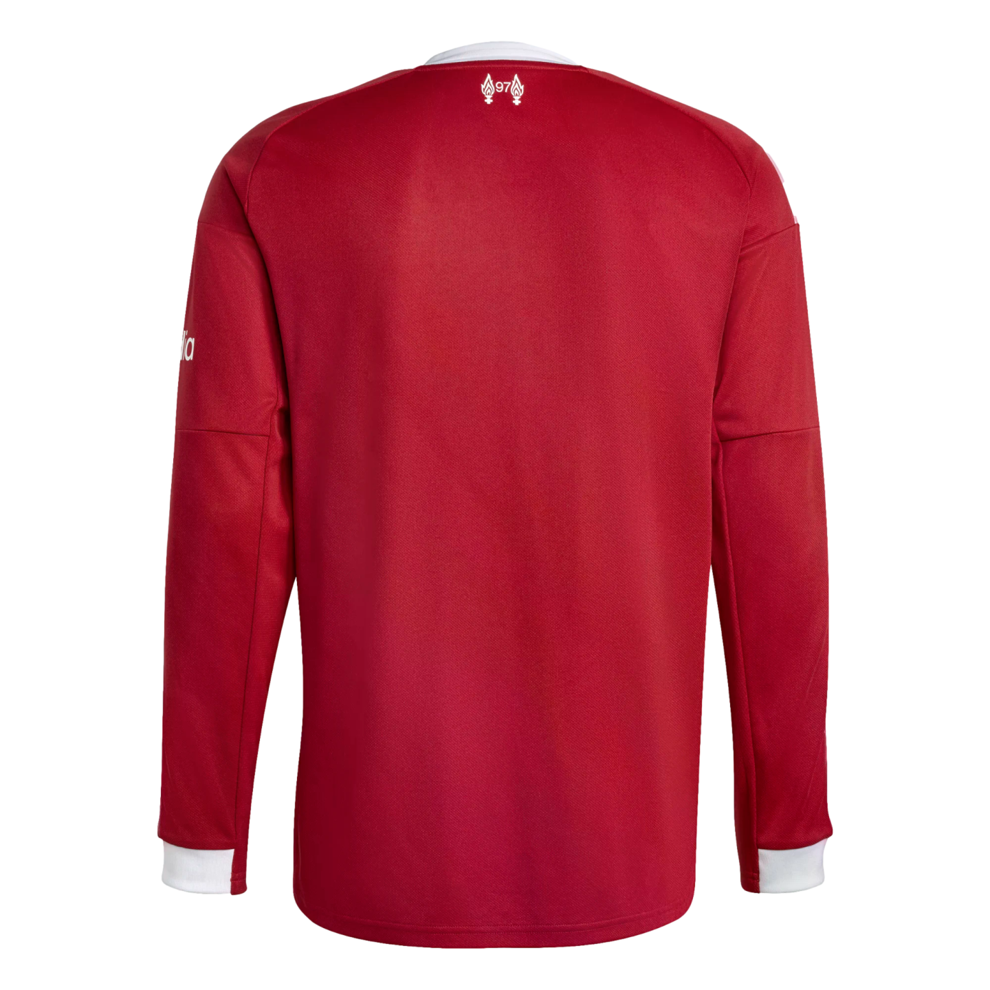 Back view of a red long-sleeved soccer jersey with white cuffs and collar. A small white '97' emblem is featured on the upper back neck area.