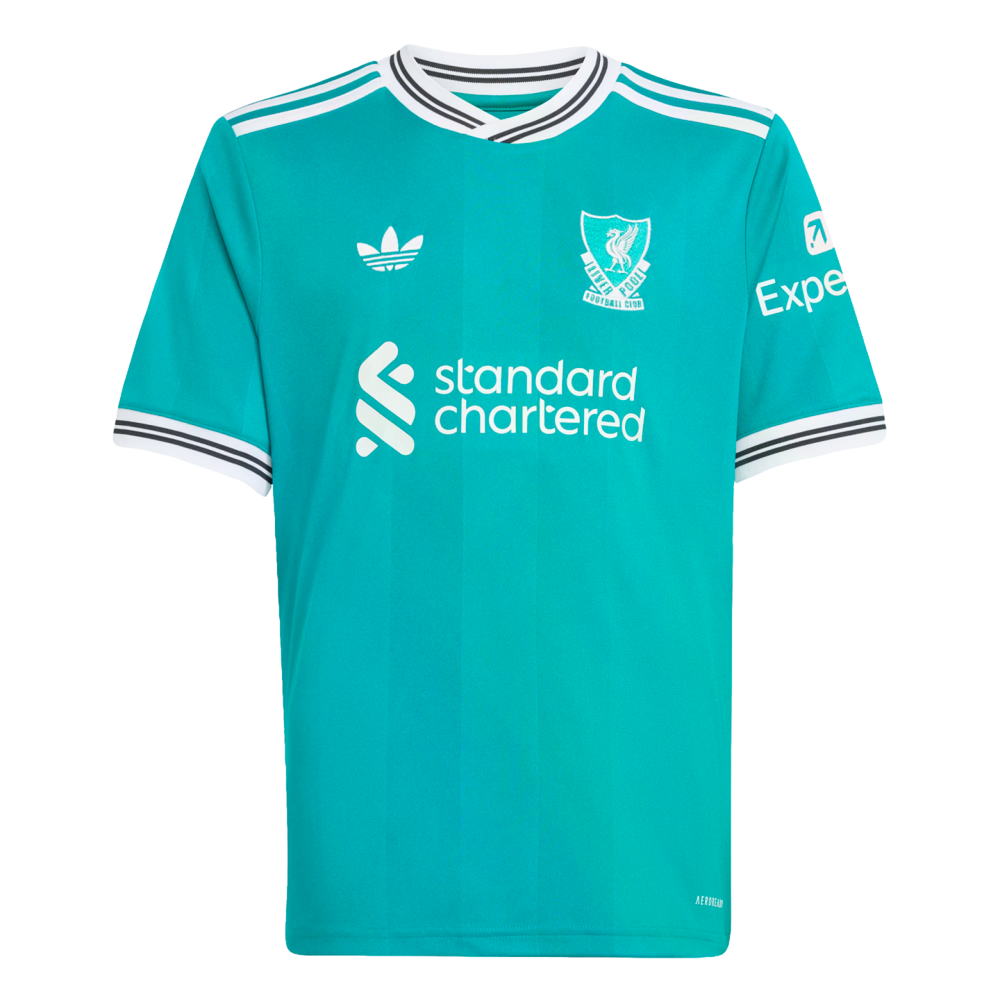 Teal Adidas Liverpool football jersey with white logos for the club crest and sponsors, featuring white stripes on the shoulders and cuffs.