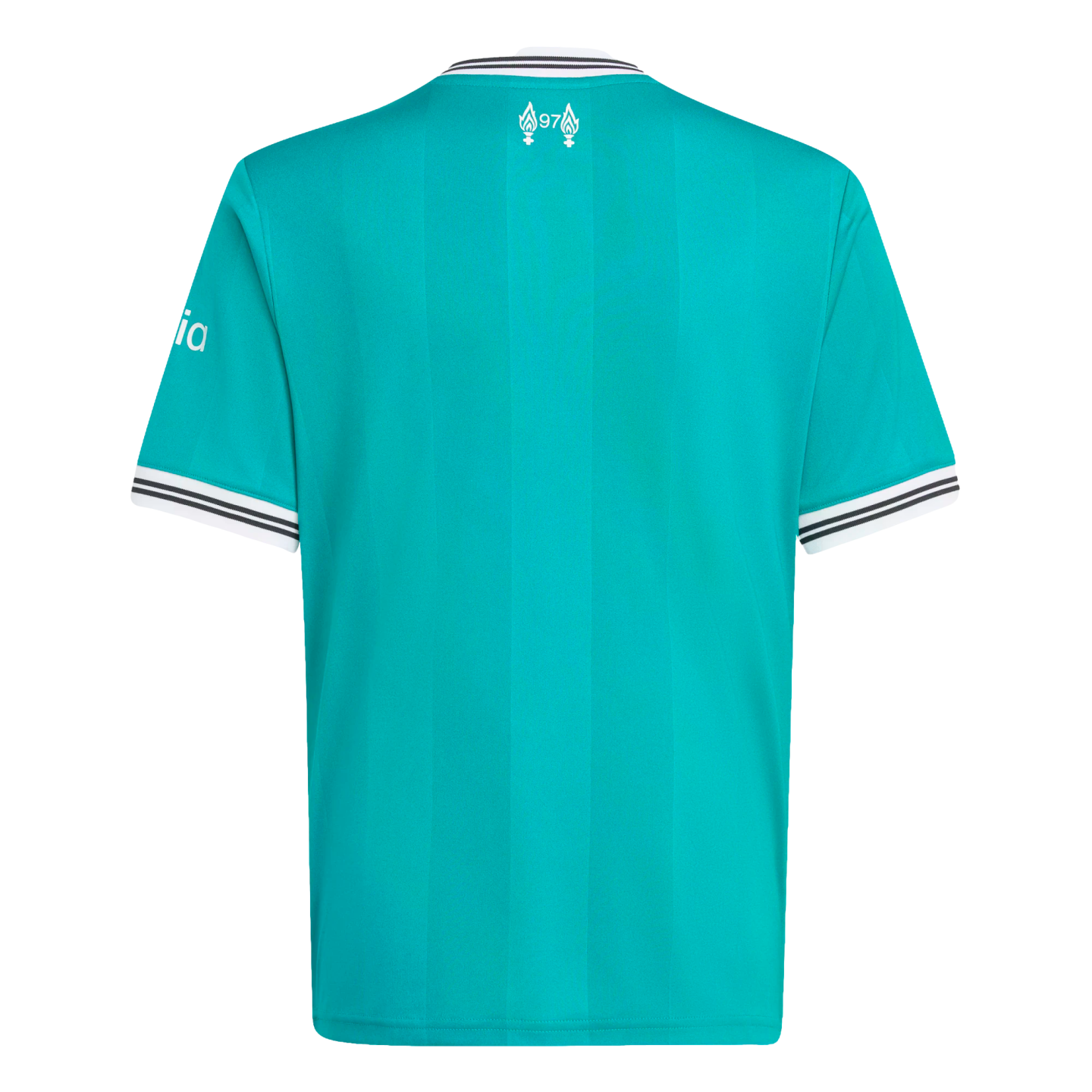 Back view of a teal football jersey with vertical stripes, white and black striped trim, and a '97' memorial logo with eternal flames at the back of the neck.