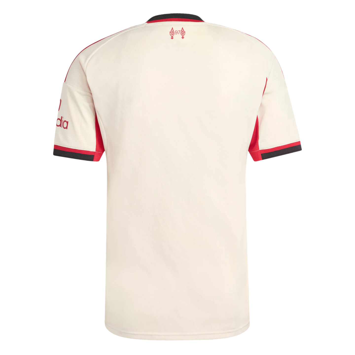 Back of a cream Liverpool FC away jersey with red and black trim. It features the red Hillsborough memorial logo below the collar and a sponsor logo on the left sleeve.