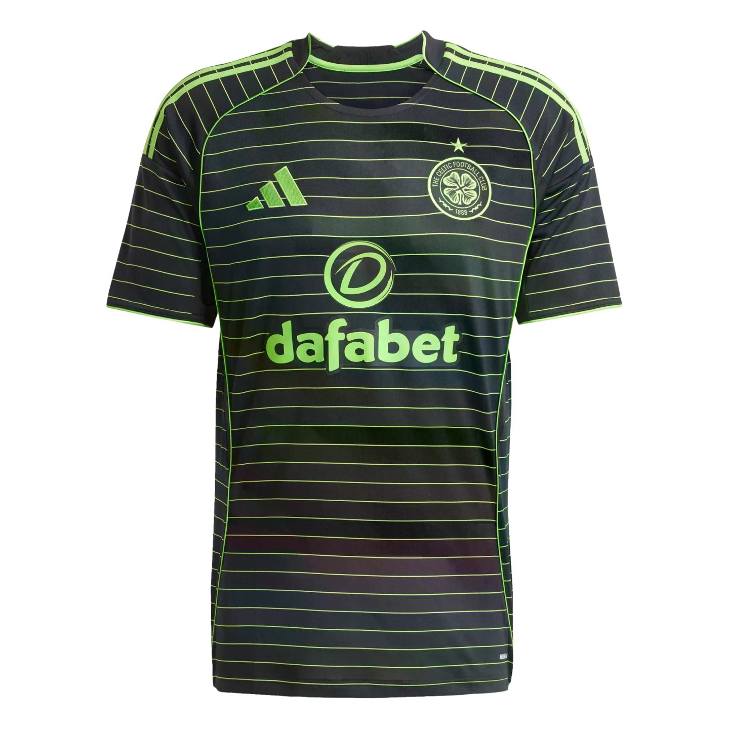 A dark gray Celtic FC soccer jersey with horizontal neon green pinstripes, featuring neon green Adidas, Dafabet, and club crest logos.