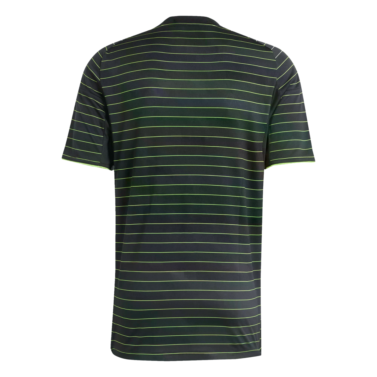 Back view of a black short-sleeve athletic jersey with thin, horizontal neon green stripes and matching sleeve trim.