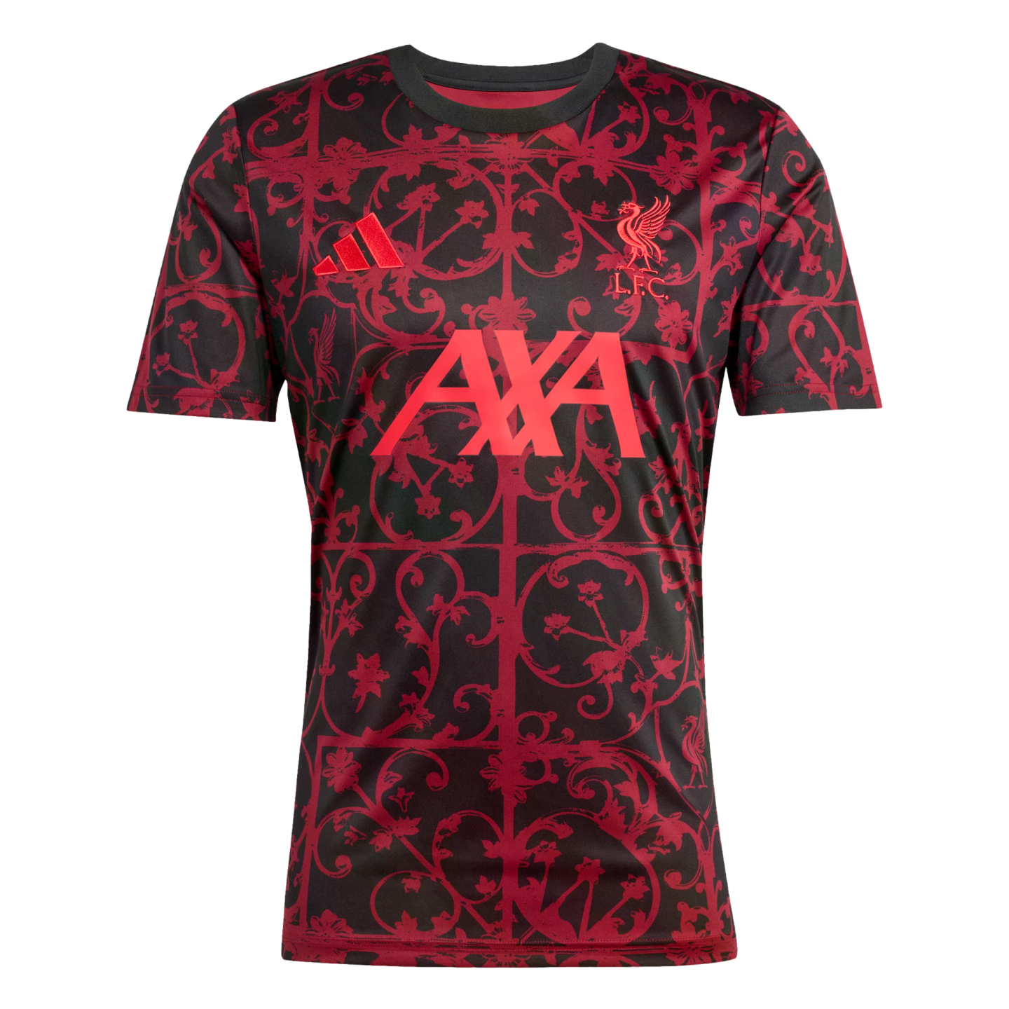 A black Liverpool FC soccer jersey with an intricate red scrollwork pattern, featuring red Adidas, LFC crest, and AXA sponsor logos.